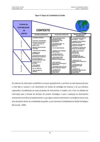 Amélia Ferreira da Silva Manual de Contabilidade Analítica
Anabela Martins Silva Volume I - Apontamentos
8
Figura 4: Etapas da Contabilidade de Gestão
CONTEXTO
ÉTAPAS DA
CONTABILIDADE
DE
GESTÃO
A
N
A
L
I
T
I
C
A
G
E
S
T
Ã
O
C
U
S
T
O
S
- ECONOMIAS FECHADAS;
-
- BAIXO NÍVEL CONCORRENCIAL
- PRODUÇÃO STANDARDIZADA:
A MAIOR QUANTIDADE AO
MENOR CUSTO;
- EMPRESA COMO UM SISTEMA
FECHADO;
- ABERTURA DAS ECONOMIAS;
- AUMENTO DA
CONCORRÊNCIA;
- NOVOS MERCADOS: INÍCIO DA
DIFERENCIAÇÃO DO PRODUTO;
- RECONHECIMENTO DA
INTERACÇÃO EMPRESA - MEIO;
- GLOBALIZAÇÃO DA
ECONOMIA;
- FORTE PRESSÃO
CONCORRÊNCIAL;
- ERA DO MERCADO;
- VISÃO SISTÉMICA DA
EMPRESA.
- ERA DA INDUSTRIALIZAÇÃO
COM BAIXO NÍVEL
TECNOLÓGICO DOS
EQUIPAMENTOS;
- PREDOMÍNIO DA MÃO - DE -
OBRA NO PROCESSO
PRODUTIVO;
- ERA DO HOMEM MÁQUINA;
- SURGIMENTO DOS PRIMEIROS
COMPUTADORES;
- AUTOMATIZAÇÃO DOS
PROCESSOS PRODUTIVOS;
- PREOCUPAÇÃO COMO
ENRIQUECIMENTO DAS
TAREFAS DO TRABALHADOR,
- FORTE INOVAÇÃO
TECNOLOGICA NA PRODUÇÃO E
COMUNICAÇÕES;
- PROCESSO PRODUTIVO COM
BAIXA INTERVENÇÃO HUMANA;
- VALORIZAÇÃO DA
CRIATIVIDADE DO
TRABALHADOR.
- A CONTABILIDADE COMO UM
INSTRUMENT0 TÉCNICO;
- SURGIMENTO DAS PRIMEIRAS
OBRAS CIENTÍFICAS;
- ENSINO DA CONTABILIDADE
EM ESCOLAS TÉCNICAS;
- PREDOMíNIO DA ABORDAGEM
TÉCNICA DA CONTABILIDADE;
- AUMENTO DA PRODUÇÃO
CIENTIFICA EM
CONTABILIDADE;
- INTRODUÇÃO DA
CONTABILIDADE NOS
PROGRAMAS UNIVERSITÁRIOS;
- TEORIA GERAL DA
CONTABILIDADE A SUPORTAR A
TÉCNICA,
- RECONHECIMENTO DA
CONTABILIDADE COMO
CIÊNCIA;
- SURGIMENTO DA
LICENCIATURA, MESTRADO EM
DOUTORAMENTOEM
CONTABILIDADE.
ECONÓMICO-EMPRESARIAL ESTADO CIENTÍFICO DA
CONTABILIDADE
TECNOLÓGICO-PRODUTIVO
Os sistemas de informação contabilística começam gradualmente a caminhar do nível operacional para
o nível tático e passam a ser desenhados em função da estratégia da empresa e da sua estrutura
organizativa. A proliferação de novas propostas de instrumentos e modelos com o foco na utilidade da
informação para a tomada de decisões de carácter estratégico e para a avaliação do desempenho
empresarial numa ótica prospetiva levaram a que alguns autores reclamassem a emergência duma nova
área disciplinar dentro da contabilidade de gestão, a que chamaram Contabilidade de Gestão Estratégica
(Simmonds, 1989).
 