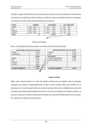 Amélia Ferreira da Silva Manual de Contabilidade Analítica
Anabela Martins Silva Volume I - Apontamentos
38
O quadro a seguir mostra de forma discriminada qual a parte dos custos de produção do mês que foram
incorporados em produtos que foram vendidos e a parte dos custos de produção que foram incorporados
em produtos que fazem parte do ativo (Inventários) da empresa:
CUSTO UNITÁRIO DAS VENDAS DA  PRODUÇÃO
CMVMC 5.000 / 1000 = 5 5 * 900 = 4.500 5 * 100 = 500
FSE 3.000 / 1000 = 3 3 * 900 = 2.700 3 * 100 = 300
PESSOAL 6.000 / 1000 = 6 6 * 900 = 5.400 6 * 100 = 600
OUTROS 2.000 / 1000 = 2 2 * 900 = 1.800 2 * 100 = 200
TOTAL 16 14.400 1.600
Custos dos Produtos
Assim, os Resultados da empresa podem ser descritos de duas formas diferentes:
DEMONSTRAÇÃO DE RESULTADOS POR NATUREZA DEMONSTRAÇÃODE RESULTADOS POR FUNÇÕES
VENDAS 27.000 VENDAS 27.000
 PRODUÇÃO 1.600 CIPV 14.400
28.600 RES. BRUTO 12.600
CMVMC 5.000 CUSTOS DISTRIBUIÇÃO 6.000
FSE 5.500 CUSTOS ADMIN. E FIN. 2.500
PESSOAL 9.000
OUTROS 5.000
24.500
R. ANTES DE IMPOSTO 4.100 R. ANTES DE IMPOSTO 4.100
Custos do Período
Desta modo, quando falamos em custo dos produtos referimo-nos ao respetivo custo de produção
imputados aos produtos, independentemente do fato de esses produtos terem sido vendidos ou se
encontrarem em stock. Quando falamos em custos do período referimo-nos à totalidade dos custos não
industriais (distribuição/administrativos/financeiros) e ao custo de produção dos produtos vendidos, ou
seja, aos custos que a empresa suportou para obtenção dos rendimentos efetivos desse mesmo período.
Se o período em análise for mensal teremos:
 