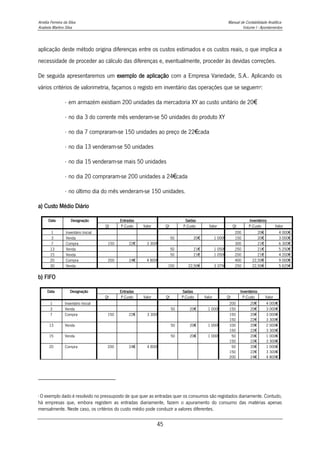 Amélia Ferreira da Silva Manual de Contabilidade Analítica
Anabela Martins Silva Volume I - Apontamentos
45
aplicação deste método origina diferenças entre os custos estimados e os custos reais, o que implica a
necessidade de proceder ao cálculo das diferenças e, eventualmente, proceder às devidas correções.
De seguida apresentaremos um exemplo de aplicação com a Empresa Variedade, S.A.. Aplicando os
vários critérios de valorimetria, façamos o registo em inventário das operações que se seguem8
:
 em armazém existiam 200 unidades da mercadoria XY ao custo unitário de 20€
 no dia 3 do corrente mês venderam-se 50 unidades do produto XY
 no dia 7 compraram-se 150 unidades ao preço de 22€cada
 no dia 13 venderam-se 50 unidades
 no dia 15 venderam-se mais 50 unidades
 no dia 20 compraram-se 200 unidades a 24€cada
 no último dia do mês venderam-se 150 unidades.
a) Custo Médio Diário
Data Designação Entradas Saídas Inventários
Qt P.Custo Valor Qt P.Custo Valor Qt P.Custo Valor
1 Inventário Inicial 200 20€ 4 000€
3 Venda 50 20€ 1 000€ 150 20€ 3 000€
7 Compra 150 22€ 3 300€ 300 21€ 6 300€
13 Venda 50 21€ 1 050€ 250 21€ 5 250€
15 Venda 50 21€ 1 050€ 200 21€ 4 200€
20 Compra 200 24€ 4 800€ 400 22,50€ 9 000€
30 Venda 150 22,50€ 3 375€ 250 22,50€ 5 625€
b) FIFO
Data Designação Entradas Saídas Inventários
Qt P.Custo Valor Qt P.Custo Valor Qt P.Custo Valor
1 Inventário Inicial 200 20€ 4 000€
3 Venda 50 20€ 1 000€ 150 20€ 3 000€
7 Compra 150 22€ 3 300€ 150
150
20€
22€
3 000€
3 300€
13 Venda 50 20€ 1 000€ 100
150
20€
22€
2 000€
3 300€
15 Venda 50 20€ 1 000€ 50
150
20€
22€
1 000€
3 300€
20 Compra 200 24€ 4 800€ 50
150
200
20€
22€
24€
1 000€
3 300€
4 800€
8
O exemplo dado é resolvido no pressuposto de que quer as entradas quer os consumos são registados diariamente. Contudo,
há empresas que, embora registem as entradas diariamente, fazem o apuramento do consumo das matérias apenas
mensalmente. Neste caso, os critérios do custo médio pode conduzir a valores diferentes.
 