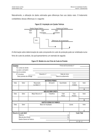 Amélia Ferreira da Silva Manual de Contabilidade Analítica
Anabela Martins Silva Volume I - Apontamentos
56
Naturalmente, a utilização de dados estimados gera diferenças face aos dados reais. O tratamento
contabilístico dessas diferenças é o seguinte:
Figura 22: Imputação com Quotas Teóricas
Gastos Gerais Fabrico Centros de Centros
GGF GGF GGF
reais Imputados imputados
Diferenças de Incorporação
A informação sobre determinação de cada componente do custo de produção pode ser sintetizada numa
ficha de custo do produto, da qual apresentamos um exemplo de seguida:
Figura 23: Modelo de uma Ficha de Custo do Produto
Empresa Ficha de Encomenda nº
Por conta do cliente
ou para o armazém
Descrição do produto
Nº de peças Desenho nº Data de início
Data prevista de entrega Data de acabamento
MATÉRIAS-PRIMAS
Data Setor Requisição
ou devol. nº
Armazém Quantidade Custo
Unitário
Valor
A
MÃO-DE-OBRA DIRETA
Data Setor Mapa Resumo nº Trabalhos Total
Horas
Taxa
Horária
Valor
B
GASTOS GERAIS DE FABRICO
Data Setor Base de imputação Quota Valor
C
Resumo do custo fabril Custo Total
Matérias A
Mão-de-obra Direta B
Gastos Gerais de Fabrico C
A + B + C
Saldo
 