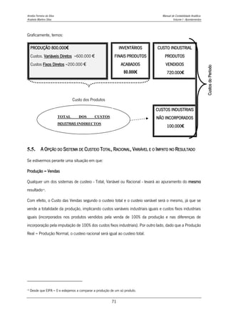 Amélia Ferreira da Silva Manual de Contabilidade Analítica
Anabela Martins Silva Volume I - Apontamentos
71
Graficamente, temos:
PRODUÇÃO 800.000€
Custos. Variáveis Diretos =600.000 €
Custos Fixos Diretos =200.000 €
INVENTÁRIOS
FINAIS PRODUTOS
ACABADOS
80.000€
CUSTO INDUSTRIAL
PRODUTOS
VENDIDOS
720.000€
Custos
do
Período
Custo dos Produtos
CUSTOS INDUSTRIAIS
NÃO INCORPORADOS
100.000€
5.5. A OPÇÃO DO SISTEMA DE CUSTEIO TOTAL, RACIONAL, VARIÁVEL E O IMPATO NO RESULTADO
Se estivermos perante uma situação em que:
Produção = Vendas
Qualquer um dos sistemas de custeio - Total, Variável ou Racional - levará ao apuramento do mesmo
resultado14
.
Com efeito, o Custo das Vendas segundo o custeio total e o custeio variável será o mesmo, já que se
vende a totalidade da produção, implicando custos variáveis industriais iguais e custos fixos industriais
iguais (incorporados nos produtos vendidos pela venda de 100% da produção e nas diferenças de
incorporação pela imputação de 100% dos custos fixos industriais). Por outro lado, dado que a Produção
Real = Produção Normal, o custeio racional será igual ao custeio total.
14
Desde que EIPA = 0 e estejamos a comparar a produção de um só produto.
TOTAL DOS CUSTOS
INDUSTRIAIS INDIRECTOS
 
