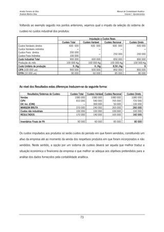 Amélia Ferreira da Silva Manual de Contabilidade Analítica
Anabela Martins Silva Volume I - Apontamentos
73
Voltando ao exemplo seguido nos pontos anteriores, vejamos qual o impato da seleção do sistema de
custeio no custos industrial dos produtos:
Imputação a Custos Reais
Custeio Total Custeio Variável Custeio Racional Custeio Direto
Custos Variáveis diretos
Custos Variáveis indiretos
600 000
---
600 000
---
600 000
---
600 000
---
Custos Fixos diretos
Custos Fixos Indiretos
200 000
100 000
--- 250 000 200 000
Custo Industrial Total 900 000 600 000 850 000 800 000
Produção do mês 100 000 Kg 100 000 Kg 100 000 Kg 100 000 Kg
Custo Unitário de produção 9 /Kg 6 /Kg 8,50 /Kg 8
CIPA (100 000 un) 900 000 600 000 850 000 800 000
EFPA (10 000 un) 90 000 60 000 85 000 80 000
Ao nível dos Resultados estas diferenças traduzem-se da seguinte forma:
Resultados/Sistemas de Custeio Custeio Total Custeio Variável Custeio Racional Custeio Direto
Vendas 1080 000 1080 000 1080 000 1080 000
CIPV 810 000 540 000 765 000 720 000
Dif. Inc. (CINI) --- 300 000 50 000 100 000
MARGEM BRUTA 270 000 240 000 265 000 260 000
Custos não industriais 100 000 100 000 100 000 100 000
RESULTADOS 170 000 140 000 165 000 160 000
Inventários Finais de PA 90 000 60 000 85 000 80 000
Os custos imputados aos produtos só serão custos do período em que forem vendidos, constituindo um
ativo da empresa até ao momento da venda dos respetivos produtos em que foram incorporados e não
vendidos. Neste sentido, a opção por um sistema de custeio deverá ser aquela que melhor traduz a
situação económica e financeira da empresa e que melhor se adequa aos objetivos pretendidos para a
análise dos dados fornecidos pela contabilidade analítica.
 