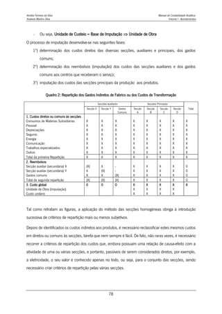 Amélia Ferreira da Silva Manual de Contabilidade Analítica
Anabela Martins Silva Volume I - Apontamentos
78
- Ou seja, Unidade de Custeio = Base de Imputação  Unidade de Obra
O processo de imputação desenvolve-se nas seguintes fases:
1º) determinação dos custos diretos das diversas secções, auxiliares e principais, dos gastos
comuns;
2º) determinação dos reembolsos (imputação) dos custos das secções auxiliares e dos gastos
comuns aos centros que receberam o serviço;
3º) imputação dos custos das secções principais da produção aos produtos.
Quadro 2: Repartição dos Gastos Indiretos de Fabrico ou dos Custos de Transformação
Secções auxiliares Secções Principais
Secção X Secção Y Gastos
Comuns
Secção
A
Secção
B
Secção
C
Secção
D
Total
1. Custos diretos ou comuns às secções
Consumos de Matérias Subsidiárias X X X X X X X X
Pessoal X X X X X X X X
Depreciações X X X X X X X X
Seguros X X X X X X X X
Energia X X X X X X X X
Comunicação X X X X X X X X
Trabalhos especializados X X X X X X X X
Outros X X X X X X X X
Total da primeira Repartição X X X X X X X X
2. Reembolsos
Secção auxiliar (secundária) X (X) X - X X X X 0
Secção auxiliar (secundária) Y X (X) - X X X X 0
Gastos comuns X X (X) X X X X 0
Total da segunda repartição (X) (X) (X) X X X X 0
3. Custo global 0 0 0 X X X X X
Unidade de Obra (imputação) X X X X
Custo unitário X X X X
Tal como retratam as figuras, a aplicação do método das secções homogéneas obriga à introdução
sucessiva de critérios de repartição mais ou menos subjetivos.
Depois de identificados os custos indiretos aos produtos, é necessário reclassificar estes mesmos custos
em diretos ou comuns às secções, tarefa que nem sempre é fácil. De fato, não raras vezes, é necessário
recorrer a critérios de repartição dos custos que, embora possuam uma relação de causa-efeito com a
atividade de uma ou várias secções, e portanto, passíveis de serem considerados diretos, por exemplo,
a eletricidade, o seu valor é conhecido apenas no todo, ou seja, para o conjunto das secções, sendo
necessário criar critérios de repartição pelas várias secções.
 