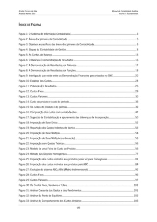 Amélia Ferreira da Silva Manual de Contabilidade Analítica
Anabela Martins Silva Volume I - Apontamentos
viii
ÍNDICE DE FIGURAS
Figura 1: O Sistema de Informação Contabilística ..............................................................................................3
Figura 2: Áreas disciplinares da Contabilidade ...................................................................................................5
Figura 3: Objetivos específicos das áreas disciplinares da Contabilidade.............................................................6
Figura 4: Etapas da Contabilidade de Gestão.....................................................................................................8
Figura 5: As Contas de Balanço.......................................................................................................................15
Figura 6: O Balanço e Demonstração de Resultados ........................................................................................16
Figura 7: A Demonstração de Resultados por Natureza....................................................................................17
Figura 8: A Demonstração de Resultados por Funções.....................................................................................18
Figura 9: Interligação que existe entre as Demonstração Financeira preconizados no SNC................................20
Figura 10: Estádios dos Custos........................................................................................................................24
Figura 11: Pirâmide dos Resultados.................................................................................................................26
Figura 12: Custos Fixos...................................................................................................................................29
Figura 13: Custos Variáveis .............................................................................................................................30
Figura 14: Custo do produto e custo do período...............................................................................................36
Figura 15: Os custos do produto e do período..................................................................................................39
Figura 16: Composição dos custos com a mão-de-obra....................................................................................47
Figura 17: Sugestão de Contabilização e apuramento das diferenças de Incorporação......................................50
Figura 18: Imputação de Base Única...............................................................................................................52
Figura 19: Repartição dos Gastos Indiretos de fabrico......................................................................................53
Figura 20: Imputação de Base Múltipla............................................................................................................54
Figura 21: Imputação de Base Múltipla (continuação)......................................................................................55
Figura 22: Imputação com Quotas Teóricas.....................................................................................................56
Figura 23: Modelo de uma Ficha de Custo do Produto.....................................................................................56
Figura 24: Método das Secções Homogéneas..................................................................................................77
Figura 25: Imputação dos custos indiretos aos produtos pelas secções homogéneas .......................................81
Figura 26: Imputação dos custos indiretos aos produtos pelo ABC...................................................................84
Figura 27: Evolução do sistema ABC/ABM (Matriz tridimensional) ...................................................................92
Figura 28: Custos Fixos...................................................................................................................................96
Figura 29: Custos Variáveis .............................................................................................................................97
Figura 30: Os Custos Fixos, Variáveis e Totais................................................................................................101
Figura 31: Análise Conjunta dos Gastos e dos Rendimentos...........................................................................101
Figura 32: Análise do Ponto de Equilíbrio.......................................................................................................102
Figura 33: Análise do Comportamento dos Custos Unitários ..........................................................................103
 