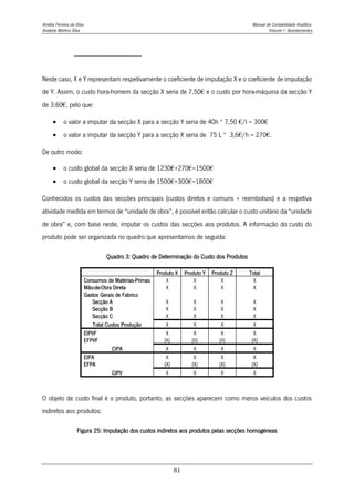 Amélia Ferreira da Silva Manual de Contabilidade Analítica
Anabela Martins Silva Volume I - Apontamentos
81
Neste caso, X e Y representam respetivamente o coeficiente de imputação X e o coeficiente de imputação
de Y. Assim, o custo hora-homem da secção X seria de 7,50€ e o custo por hora-máquina da secção Y
de 3,60€, pelo que:
 o valor a imputar da secção X para a secção Y seria de 40h * 7,50 €/l = 300€
 o valor a imputar da secção Y para a secção X seria de 75 L * 3,6€/h = 270€.
De outro modo:
 o custo global da secção X seria de 1230€+270€=1500€
 o custo global da secção Y seria de 1500€+300€=1800€
Conhecidos os custos das secções principais (custos diretos e comuns + reembolsos) e a respetiva
atividade medida em termos de “unidade de obra”, é possível então calcular o custo unitário da “unidade
de obra” e, com base neste, imputar os custos das secções aos produtos. A informação do custo do
produto pode ser organizada no quadro que apresentamos de seguida:
Quadro 3: Quadro de Determinação do Custo dos Produtos
Produto X Produto Y Produto Z Total
Consumos de Matérias-Primas X X X X
Mão-de-Obra Direta X X X X
Gastos Gerais de Fabrico
Secção A X X X X
Secção B X X X X
Secção C X X X X
Total Custos Produção X X X X
EIPVF X X X X
EFPVF (X) (X) (X) (X)
CIPA X X X X
EIPA X X X X
EFPA (X) (X) (X) (X)
CIPV X X X X
O objeto de custo final é o produto, portanto, as secções aparecem como meros veículos dos custos
indiretos aos produtos:
Figura 25: Imputação dos custos indiretos aos produtos pelas secções homogéneas
 