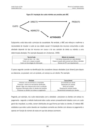 Amélia Ferreira da Silva Manual de Contabilidade Analítica
Anabela Martins Silva Volume I - Apontamentos
84
Figura 26: Imputação dos custos indiretos aos produtos pelo ABC
Subjacente a esta ideia está o princípio da causalidade. Na verdade, o ABC veio reforçar e reafirmar a
necessidade de imputar o custo ao seu objeto causal. A imputação dos recursos consumidos a cada
atividade depende do tipo de recursos em causa e do seu carácter de direto ou indireto a uma
determinada atividade. Por exemplo (baseado em Jmckemzie, 1999):
Tipo de Custo Método de imputação
Custo da mão – de – obra % do tempo despendido em cada atividade
Custo com o espaço ocupado Espaço ocupado pelos pessoal que efetua a atividade
Custo com tecnologias de informação Número de PC’s por departamento
O passo seguinte consiste na identificação dos causadores dessas atividades (cost drivers) para depois
as relacionar, se possível, com um produto, um serviço ou um cliente. Por exemplo:
Atividade Causa (driver)
Introduzir uma encomenda no computador Encomendas por cliente
Processar o retorno de mercadorias danificadas Devoluções por produto
Montar e ligar uma máquina para iniciar a produção Set-up por produto
Pesquisar informação sobre os clientes dos produtos Pesquisa por produto/cliente
Pressionar os clientes com atraso no pagamento Recebimentos atrasados por clientes
Pegando, por exemplo, nos custo relacionados com a atividade - pressionar os clientes com atraso no
pagamento - segundo o método tradicional estes custos seriam provavelmente tratados como um custo
geral não imputável, ou então, seriam distribuídos de igual forma por todos os clientes. O método ABC
estabelece que estes custos deverão ser imputáveis somente aos clientes com atrasos no pagamento e
apenas em função do número de vezes em que tais atrasos ocorreram.
DIRECTO PRODUTO
CUSTO
INDIRECTO
ACTIVIDADES
 
