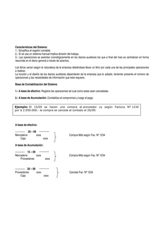 Características del Sistema:
1.- Simplifica el registro contable.
2.- Si se usa un sistema manual implica división del trabajo.
3.- Las operaciones se asientan cronológicamente en los diarios auxiliares los que a final del mes se centralizan en forma
resumida en el diario general a través de asientos.

Los libros varían según la naturaleza de la empresa debiéndose llevar un libro por cada una de las principales operaciones
a realizar.
La función y el diseño de los diarios auxiliares dependerán de la empresa que lo adopte, teniendo presente el número de
operaciones y las necesidades de información que esta requiera.

Base de Contabilización del Sistema

1.- A base de efectivo: Registra las operaciones tal cual como estas sean canceladas.

2.- A base de Acumulación: Contabiliza el compromiso y luego el pago.


Ejemplo: El 15/09 se hacen una compra al proveedor xy según Factura Nº 1234
por $ 2.050.000.- la compra se cancela al contado el 20/09.




A base de efectivo:

             20 – 09
Mercadería             xxxx                      Compra Mds según Fac. Nº 1234
    Caja                      xxxx

A base de Acumulación:

          15 – 09
Mercadería        xxxx                           Compra Mds según Fac. Nº 1234
    Proveedores                xxxx


          20 – 09
Proveedores       xxxx                           Cancela Fac. Nº 1234
    Caja               xxxx
 