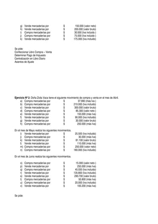 g)    Vende mercaderías por              $            150.000 (valor neto)
     h)    Vende mercaderías por              $           200.000 (valor bruto)
     i)    Compra mercaderías por             $           30.000 (Iva incluido )
     j)    Compra mercaderías por             $           75.000 (Iva incluido )
     k)    Vende mercaderías por              $          175.000 (Iva incluido)


Se pide:
Confeccionar Libro Compra – Venta
Determinar Pago de Impuesto
Centralización en Libro Diario
Asientos de Ajuste




Ejercicio Nº 2: Doña Zoila Vaca tiene el siguiente movimiento de compra y venta en el mes de Abril.
     a) Compra mercaderías por                 $             37.990 (más Iva )
     b) Compra mercaderías por                 $        210.000 (Iva incluido)
     c) Vende mercaderías por                  $         300.000 (valor bruto)
     d) Compra mercaderías por                 $           85.300 (valor neto )
     e) Vende mercaderías por                  $            150.000 (más Iva)
     f) Vende mercaderías por                  $          90.000 (Iva incluido)
     g) Vende mercaderías por                  $           30.000 (valor bruto)
     h) Compra mercaderías por                 $            250.000 (más Iva)

En el mes de Mayo realiza los siguientes movimientos.
     i) Vende mercaderías por                 $        25.500 (Iva incluido)
     j) Compra mercaderías por                $           30.000 (más Iva)
     k) Vende mercaderías por                 $         81.100 (valor bruto)
     l) Vende mercaderías por                 $          110.000 (más Iva)
     m) Compra mercaderías por                $        250.000 (valor neto)
     n) Compra mercaderías por                $       180.000 (Iva incluido)

En el mes de Junio realiza los siguientes movimientos.

     o)    Compra mercaderías por             $             15.000 (valor neto )
     p)    Vende mercaderías por              $              250.000 (más Iva)
     q)    Compra mercaderías por             $            45.550 (Iva incluido)
     r)    Vende mercaderías por              $          135.800 (Iva incluido)
     s)    Vende mercaderías por              $           290.700 (valor bruto)
     t)    Compra mercaderías por             $               50.800 (más Iva)
     u)    Compra mercaderías por             $            20.000 (Iva incluido)
     v)    Vende mercaderías por              $              100.200 (más Iva)


Se pide:
 