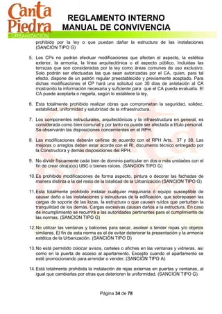 REGLAMENTO INTERNO
                 MANUAL DE CONVIVENCIA
   prohibido por la ley o que puedan dañar la estructura de las instalaciones
   (SANCIÓN TIPO G)

5. Los CPs no podrán efectuar modificaciones que afecten el aspecto, la estética
   exterior, la armonía, la línea arquitectónica o el aspecto público. Incluidas las
   terrazas que son consideradas por la ley como áreas comunes de uso exclusivo.
   Solo podrán ser efectuadas las que sean autorizadas por el CA, quien, para tal
   efecto, dispone de un patrón regular preestablecido y previamente aceptado. Para
   dichas modificaciones el CP hará una solicitud con 30 días de antelación al CA
   mostrando la información necesaria y suficiente para que el CA pueda evaluarla. El
   CA puede aceptarla o negarla, según lo establece la ley.

6. Esta totalmente prohibido realizar obras que comprometan la seguridad, solidez,
   estabilidad, uniformidad y salubridad de la infraestructura.

7. Los componentes estructurales, arquitectónicos y la infraestructura en general, es
   considerada como bien comunal y por tanto no puede ser afectada a título personal.
   Se observarán las disposiciones concernientes en el RPH.

8. Las modificaciones deberán ceñirse de acuerdo con el RPH Arts. 37 y 38. Las
   mejoras o arreglos deben estar acorde con el RI, documento técnico entregado por
   la Constructora y demás disposiciones del RPH.

9. No dividir físicamente cada bien de dominio particular en dos o más unidades con el
   fin de crear otra(a)(s) UBC o bienes raíces. (SANCION TIPO G)

10. Es prohibido modificaciones de forma aspecto, pintura o decorar las fachadas de
    manera distinta a la del resto de la totalidad de la Urbanización (SANCION TIPO G)

11. Esta totalmente prohibido instalar cualquier maquinaria ó equipo susceptible de
    causar daño a las instalaciones y estructuras de la edificación, que sobrepasen las
    cargas de soporte de las lozas, la estructura o que causen ruidos que perturben la
    tranquilidad de los demás. Cargas excesivas causan daños a la estructura. En caso
    de incumplimiento se recurrirá a las autoridades pertinentes para el cumplimiento de
    las normas. (SANCION TIPO G)

12. No utilizar las ventanas y balcones para secar, asolear o tender ropas y/o objetos
    similares. El fin de esta norma es el de evitar deteriorar la presentación y la armonía
    estética de la Urbanización. (SANCIÓN TIPO D)

13. No está permitido colocar avisos, carteles o afiches en las ventanas y vidrieras, así
    como en la puerta de acceso al apartamento. Excepto cuando el apartamento se
    esté promocionando para arrendar o vender. (SANCIÓN TIPO A)

14. Está totalmente prohibida la instalación de rejas externas en puertas y ventanas, al
    igual que cambiarlas por otras que deterioren la uniformidad. (SANCION TIPO G)



                                     Página 34 de 78
 