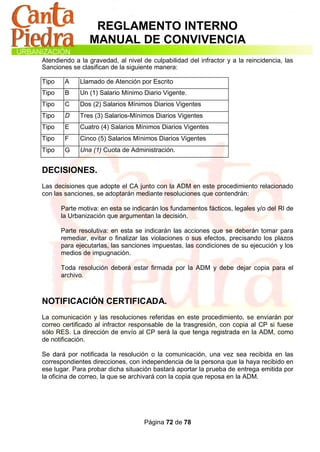 REGLAMENTO INTERNO
                 MANUAL DE CONVIVENCIA
Atendiendo a la gravedad, al nivel de culpabilidad del infractor y a la reincidencia, las
Sanciones se clasifican de la siguiente manera:

Tipo    A    Llamado de Atención por Escrito
Tipo    B    Un (1) Salario Mínimo Diario Vigente.
Tipo    C    Dos (2) Salarios Mínimos Diarios Vigentes
Tipo    D    Tres (3) Salarios-Mínimos Diarios Vigentes
Tipo    E    Cuatro (4) Salarios Mínimos Diarios Vigentes
Tipo    F    Cinco (5) Salarios Mínimos Diarios Vigentes
Tipo    G    Una (1) Cuota de Administración.


DECISIONES.
Las decisiones que adopte el CA junto con la ADM en este procedimiento relacionado
con las sanciones, se adoptarán mediante resoluciones que contendrán:

       Parte motiva: en esta se indicarán los fundamentos fácticos, legales y/o del RI de
       la Urbanización que argumentan la decisión.

       Parte resolutiva: en esta se indicarán las acciones que se deberán tomar para
       remediar, evitar o finalizar las violaciones o sus efectos, precisando los plazos
       para ejecutarlas, las sanciones impuestas, las condiciones de su ejecución y los
       medios de impugnación.

       Toda resolución deberá estar firmada por la ADM y debe dejar copia para el
       archivo.



NOTIFICACIÓN CERTIFICADA.
La comunicación y las resoluciones referidas en este procedimiento, se enviarán por
correo certificado al infractor responsable de la trasgresión, con copia al CP si fuese
sólo RES. La dirección de envío al CP será la que tenga registrada en la ADM, como
de notificación.

Se dará por notificada la resolución o la comunicación, una vez sea recibida en las
correspondientes direcciones, con independencia de la persona que la haya recibido en
ese lugar. Para probar dicha situación bastará aportar la prueba de entrega emitida por
la oficina de correo, la que se archivará con la copia que reposa en la ADM.




                                    Página 72 de 78
 