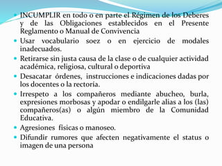  INCUMPLIR en todo o en parte el Régimen de los Deberes 
y de las Obligaciones establecidos en el Presente 
Reglamento o Manual de Convivencia 
 Usar vocabulario soez o en ejercicio de modales 
inadecuados. 
 Retirarse sin justa causa de la clase o de cualquier actividad 
académica, religiosa, cultural o deportiva 
 Desacatar órdenes, instrucciones e indicaciones dadas por 
los docentes o la rectoría. 
 Irrespeto a los compañeros mediante abucheo, burla, 
expresiones morbosas y apodar o endilgarle alias a los (las) 
compañeros(as) o algún miembro de la Comunidad 
Educativa. 
 Agresiones físicas o manoseo. 
 Difundir rumores que afecten negativamente el status o 
imagen de una persona 
 