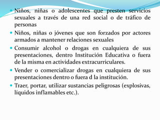  Niños, niñas o adolescentes que presten servicios 
sexuales a través de una red social o de tráfico de 
personas 
 Niños, niñas o jóvenes que son forzados por actores 
armados a mantener relaciones sexuales 
 Consumir alcohol o drogas en cualquiera de sus 
presentaciones, dentro Institución Educativa o fuera 
de la misma en actividades extracurriculares. 
 Vender o comercializar drogas en cualquiera de sus 
presentaciones dentro o fuera d la institución. 
 Traer, portar, utilizar sustancias peligrosas (explosivas, 
líquidos inflamables etc.). 
 