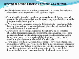 RESPETO AL DEBIDO PROCESO Y DERECHO A LA DEFENSA 
Se aplicarán las sanciones y correctivos que contempla el manual de convivencia, 
teniendo en cuenta, especialmente las siguientes etapas: 
1. Comunicación formal al estudiante y su acudiente, de la apertura del 
proceso disciplinario con la formulación de cargos por la falta cometida 
y en proceso de investigación. 
2. Presentación de descargos por parte del estudiante y acudiente. Debe 
hacerse por escrito y en plazo máximo de cinco días, después de haber 
recibido la comunicación formal. 
3. Evaluación, valoración pedagógica y disciplinaria de los soportes 
allegados, (descargos, seguimientos institucionales, entre otros) para 
determinar las circunstancias agravantes, circunstancias atenuantes, 
faltas cometidas; y en proporcionalidad, imponer el correctivo o 
sanción según el presente Manual de Convivencia. 
4. Notificar al estudiante y su acudiente sobre el correctivo o la sanción 
impuesta por el Colegio. Frente a esta determinación procede el recurso 
de reposición, que deberá presentarse por escrito en un plazo no mayor 
a tres días posteriores a la notificación, ante las Directivas de la 
Institución Educativa. La determinación final no tiene apelación. 
 