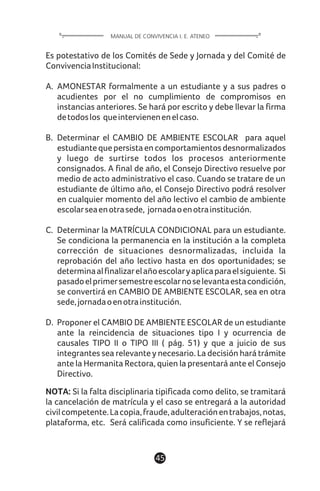Es potestativo de los Comités de Sede y Jornada y del Comité de
ConvivenciaInstitucional:
A. AMONESTAR formalmente a un estudiante y a sus padres o
acudientes por el no cumplimiento de compromisos en
instancias anteriores. Se hará por escrito y debe llevar la firma
detodoslos queintervienenenelcaso.
B. Determinar el CAMBIO DE AMBIENTE ESCOLAR para aquel
estudiantequepersistaencomportamientosdesnormalizados
y luego de surtirse todos los procesos anteriormente
consignados. A final de año, el Consejo Directivo resuelve por
medio de acto administrativo el caso. Cuando se tratare de un
estudiante de último año, el Consejo Directivo podrá resolver
en cualquier momento del año lectivo el cambio de ambiente
escolarseaenotrasede, jornadaoenotrainstitución.
C. Determinar la MATRÍCULA CONDICIONAL para un estudiante.
Se condiciona la permanencia en la institución a la completa
corrección de situaciones desnormalizadas, incluida la
reprobación del año lectivo hasta en dos oportunidades; se
determinaalfinalizarelañoescolaryaplicaparaelsiguiente. Si
pasadoelprimersemestreescolarnoselevantaestacondición,
se convertirá en CAMBIO DE AMBIENTE ESCOLAR, sea en otra
sede,jornadaoenotrainstitución.
D. Proponer el CAMBIO DE AMBIENTE ESCOLAR de un estudiante
ante la reincidencia de situaciones tipo I y ocurrencia de
causales TIPO II o TIPO III ( pág. 51) y que a juicio de sus
integrantes sea relevante y necesario. La decisión hará trámite
ante la Hermanita Rectora, quien la presentará ante el Consejo
Directivo.
NOTA: Si la falta disciplinaria tipificada como delito, se tramitará
la cancelación de matrícula y el caso se entregará a la autoridad
civilcompetente.Lacopia,fraude,adulteraciónentrabajos,notas,
plataforma, etc. Será calificada como insuficiente. Y se reflejará
45
MANUAL DE CONVIVENCIA I. E. ATENEO
 