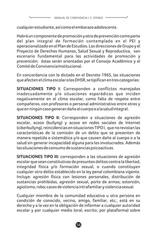 cualquierestudiante,asícomoelembarazoadolescente.
Habráuncomponentedepromociónyotrodeprevencióncomoparte
del plan integral de formación contemplado en el PEI y
operacionalizado en el Plan de Estudios. Las direcciones de Grupo y el
Proyecto de Derechos Humanos, Salud Sexual y Reproductiva, son
escenario fundamental para las actividades de promoción y
prevención; éstas serán orientadas por el Consejo Académico y el
ComitédeConvivenciaInstitucional.
En concordancia con lo dictado en el Decreto 1965, las situaciones
queafectenelclimaescolarolosDHSR,setipificanentrescategorías:
SITUACIONES TIPO I: Corresponden a conflictos manejados
inadecuadamente y/o situaciones esporádicas que inciden
negativamente en el clima escolar, como falta de respeto entre
compañeros, con profesores o personal administrativo entre otros y
queenningúncasogenerandañoalcuerpooalasaludintegral.
SITUACIONES TIPO II: Corresponden a situaciones de agresión
escolar, acoso (bullyng) y acoso en redes sociales de Internet
(ciberbullyng),reincidenciasensituacionesTIPOI, quenorevistanlas
características de la comisión de un delito que se presenten de
manera repetida o sistemática y/o que causen daño al cuerpo o a la
salud sin generar incapacidad alguna para los involucrados. Además
lassituacionesdeconsumodesustanciaspsicoactivas.
SITUACIONES TIPO III: corresponden a las situaciones de agresión
escolarqueseanconstitutivasdepresuntosdelitoscontralalibertad,
integridad física y/o formación sexual, o cuando constituyen
cualquier otro delito establecido en la ley penal colombiana vigente.
Incluye: agresión física con lesiones personales, distribución de
sustancias prohibidas, agresión sexual, porte de armas; extorsión,
agiotismo,robo;casosdeviolenciaintrafamiliaryviolenciasexual.
Cualquier miembro de la comunidad educativa u otra persona en
condición de conocido, vecino, amigo, familiar, etc., está en su
derecho y a la vez en la obligación de informar a cualquier autoridad
escolar y por cualquier medio (oral, escrito, por plataforma) sobre
56
MANUAL DE CONVIVENCIA I. E. ATENEO
 