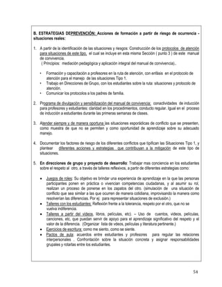 54
B. ESTRATEGIAS DEPREVENCIÓN: Acciones de formación a partir de riesgo de ocurrencia -
situaciones reales:
1. A partir de la identificación de las situaciones y riesgos: Construcción de los protocolos de atención
para situaciones de este tipo, el cual se incluye en esta misma Sección ( punto 3 ) de este manual
de convivencia.
( Principios: mediación pedagògica y aplicación integral del manual de convivencia)..
• Formación y capacitación a profesores en la ruta de atención, con enfásis en el protocolo de
atención para el manejo de las situaciones Tipo 1.
• Trabajo en Direcciones de Grupo, con los estudiantes sobre la ruta: situaciones y protocolo de
atención.
• Comunicar los protocolos a los padres de familia.
2. Programa de divulgación y sensibilización del manual de convivencia: conactividades de inducción
para profesores y estudiantes: claridad en los procedimientos, conducto regular. Igual en el proceso
de inducción a estudiantes durante las primeras semanas de clases.
3. Atender siempre y de manera oportuna las situaciones esporádicas de conflicto que se presenten,
como muestra de que no se permiten y como oportunidad de aprendizaje sobre su adecuado
manejo.
4. Documentar los factores de riesgo de los diferentes conflictos que tipifican las Situaciones Tipo 1, y
plantear diferentes acciones y estrategias que contribuyan a la mitigación de este tipo de
situaciones.
5. En direcciones de grupo y proyecto de desarrollo: Trabajar mas conciencia en los estudiantes
sobre el respeto al otro, a través de talleres reflexivos, a partir de diferentes estrategias como:
 Juegos de roles: Su objetivo es brindar una experiencia de aprendizaje en la que las personas
participantes ponen en práctica o vivencian competencias ciudadanas, y al asumir su rol,
realizan un proceso de ponerse en los zapatos del otro. (simulación de una situación de
conflicto que sea similar a las que ocurren de manera cotidiana, improvisando la manera como
resolverían las diferencias. Por ej: para representar situaciones de exclusión.)
 Talleres con los estudiantes: Reflexión frente a la tolerancia, respeto por el otro, que no se
vuelva indiferencia.
 Talleres a partir del videos, libros, películas, etc). – Uso de cuentos, videos, películas,
canciones, etc, que puedan servir de apoyo para el aprendizaje significativo del respeto y el
valor de la diferencia. (Organizar lista de vdeos, películas y literatura pertinente.)
 Ejercicios de escritura: como me siento, como se siente.
 Pactos de aula: acuerdos entre estudiantes y profesores para regular las relaciones
interpersonales . Confrontación sobre la situación concreta y asignar responsabilidades
grupales y rotarlas entre los estudiantes.
 