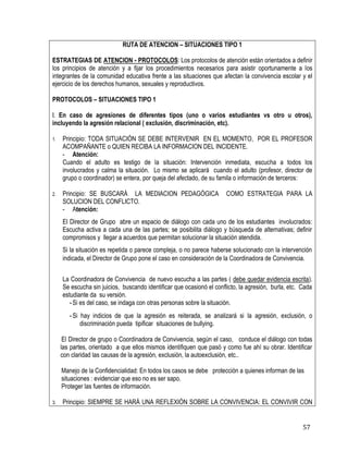 57
RUTA DE ATENCION – SITUACIONES TIPO 1
ESTRATEGIAS DE ATENCION - PROTOCOLOS: Los protocolos de atención están orientados a definir
los principios de atención y a fijar los procedimientos necesarios para asistir oportunamente a los
integrantes de la comunidad educativa frente a las situaciones que afectan la convivencia escolar y el
ejercicio de los derechos humanos, sexuales y reproductivos.
PROTOCOLOS – SITUACIONES TIPO 1
I. En caso de agresiones de diferentes tipos (uno o varios estudiantes vs otro u otros),
incluyendo la agresión relacional ( exclusión, discriminación, etc).
1. Principio: TODA SITUACIÓN SE DEBE INTERVENIR EN EL MOMENTO, POR EL PROFESOR
ACOMPAÑANTE o QUIEN RECIBA LA INFORMACION DEL INCIDENTE.
- Atención:
Cuando el adulto es testigo de la situación: Intervención inmediata, escucha a todos los
involucrados y calma la situación. Lo mismo se aplicará cuando el adulto (profesor, director de
grupo o coordinador) se entera, por queja del afectado, de su famila o información de terceros:
2. Principio: SE BUSCARÁ LA MEDIACION PEDAGÓGICA COMO ESTRATEGIA PARA LA
SOLUCION DEL CONFLICTO.
- Atención:
El Director de Grupo abre un espacio de diálogo con cada uno de los estudiantes involucrados:
Escucha activa a cada una de las partes; se posibilita diálogo y búsqueda de alternativas; definir
compromisos y llegar a acuerdos que permitan solucionar la situación atendida.
Si la situación es repetida o parece compleja, o no parece haberse solucionado con la intervención
indicada, el Director de Grupo pone el caso en consideración de la Coordinadora de Convivencia.
La Coordinadora de Convivencia de nuevo escucha a las partes ( debe quedar evidencia escrita).
Se escucha sin juicios, buscando identificar que ocasionó el conflicto, la agresión, burla, etc. Cada
estudiante da su versión.
-Si es del caso, se indaga con otras personas sobre la situación.
-Si hay indicios de que la agresión es reiterada, se analizará si la agresión, exclusión, o
discriminación pueda tipificar situaciones de bullying.
El Director de grupo o Coordinadora de Convivencia, según el caso, conduce el diálogo con todas
las partes, orientado a que ellos mismos identifiquen que pasó y como fue ahí su obrar. Identificar
con claridad las causas de la agresión, exclusión, la autoexclusión, etc..
Manejo de la Confidencialidad: En todos los casos se debe protección a quienes informan de las
situaciones : evidenciar que eso no es ser sapo.
Proteger las fuentes de información.
3. Principio: SIEMPRE SE HARÁ UNA REFLEXIÓN SOBRE LA CONVIVENCIA: EL CONVIVIR CON
 