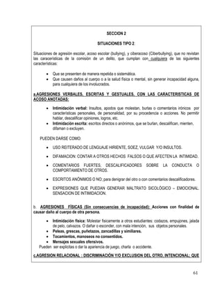 61
SECCION 2
SITUACIONES TIPO 2:
Situaciones de agresión escolar, acoso escolar (bullying), y ciberacoso (Ciberbullying), que no revistan
las caracerísticas de la comisión de un delito, que cumplan con cualquiera de las siguientes
características:
 Que se presenten de manera repetida o sistemática.
 Que causen daños al cuerpo o a la salud física o mental, sin generar incapacidad alguna,
para cualquiera de los involucrados.
a.AGRESIONES VERBALES, ESCRITAS Y GESTUALES, CON LAS CARACTERISTICAS DE
ACOSO ANOTADAS:
 Intimidación verbal: Insultos, apodos que molestan, burlas o comentarios irónicos por
características personales, de personalidad, por su procedencia o acciones. No permitir
hablar, descalificar opiniones, logros, etc.
 Intimidación escrita: escritos directos o anónimos, que se burlan, descalifican, mienten,
difaman o excluyen.
PUEDEN DARSE COMO:
 USO REITERADO DE LENGUAJE HIRIENTE, SOEZ, VULGAR Y/O INSULTOS.
 DIFAMACION: CONTAR A OTROS HECHOS FALSOS O QUE AFECTEN LA INTIMIDAD.
 COMENTARIOS FUERTES, DESCALIFICADORES SOBRE LA CONDUCTA O
COMPORTAMIENTO DE OTROS.
 ESCRITOS ANÓNIMOS O NO; para denigrar del otro o con comentarios descalificadores.
 EXPRESIONES QUE PUEDAN GENERAR MALTRATO SICOLÓGICO – EMOCIONAL.
SENSACION DE INTIMIDACION.
b. AGRESIONES FÍSICAS (Sin consecuencias de incapacidad): Acciones con finalidad de
causar daño al cuerpo de otra persona.
 Intimidación física: Molestar fisicamente a otros estudiantes: codazos, empujones, jalada
de pelo, calvazos. O dañar o esconder, con mala intención, sus objetos personales.
 Peleas, grescas, puñetazos, zancadillas y similiares.
 Tocamientos, manoseos no consentidos.
 Mensajes sexuales ofensivos.
Pueden ser explicitas o dar la apariencia de juego, charla o accidente.
c.AGRESION RELACIONAL : DISCRIMINACIÓN Y/O EXCLUSION DEL OTRO, INTENCIONAL; QUE
 