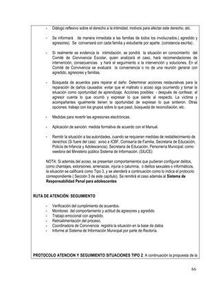66
- Diálogo reflexivo sobre el derecho a la intimidad, motivos para afectar este derecho, etc.
- Se informará de manera inmediata a las familias de todos los involucrados.( agredido y
agresores). Se conversará con cada familia y estudiante por aparte. (constancia escrita) .
- Si realmente se evidencia la intimidación, se pondrá la situación en conocimiento del
Comité de Convivencia Escolar, quien analizará el caso, hará recomendaciones de
intervención, consecuencias y hará el seguimiento a la intervención y soluciones. En el
Comité de Convivencia se evaluará la conveniencia o no de una reunión general con
agredido, agresores y familias.
- Búsqueda de acuerdos para reparar el daño: Determinar acciones restaurativas para la
reparación de daños causados: evitar que el maltrato o acoso siga ocurriendo y tomar la
situación como oportunidad de aprendizaje. Acciones posibles: - después de confesar, el
agresor cuenta lo que ocurrió y expresar lo que siente al respecto. La víctima y
acompañantes igualmente tienen la oportunidad de expresar lo que sintieron. Otras
opciones: trabajo con los grupos sobre lo que pasó, búsqueda de reconciliación, etc.
- Medidas para revertir las agresiones electrónicas.
- Aplicación de sanción: medida formativa de acuerdo con el Manual.
- Remitir la situación a las autoridades, cuando se requieran medidas de restablecimiento de
derechos (Si fuere del caso: aviso a ICBF, Comisaría de Familia, Secretaria de Educación,
Policía de Infancia y Adolescencia). Secretaria de Educación, Personería Municipal: como
veedora del Ministerio público Sistema de Información. (SIUCE)
NOTA: Si además del acoso, se presentan comportamientos que pudieran configurar delitos,
como chantajes, extorsiones, amenazas, injuria o calumnia, o delitos sexuales o informáticos,
la situación se calificará como Tipo 3, y se atenderá a continuación como lo indica el protocolo
correspondiente ( Sección 3 de este capítulo). Se remitirá el caso además al Sistema de
Responsabilidad Penal para adolescentes
RUTA DE ATENCIÓN: SEGUIMIENTO
- Verificación del cumplimiento de acuerdos.
- Monitoreo del comportamiento y actitud de agresores y agredido
- Trabajo emocional con agredido.
- Retroalimentación del proceso.
- Coordinadora de Convivencia registra la situación en la base de datos
- Informe al Sistema de Información Municipal por parte de Rectoría.
PROTOCOLO ATENCION Y SEGUIMIENTO SITUACIONES TIPO 2: A continuación la propuesta de la
 