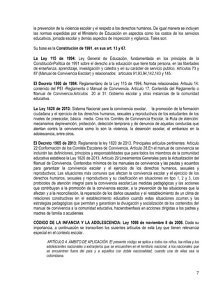 7
la prevención de la violencia escolar y el respeto a los derechos humanos. De igual manera se incluyen
las normas expedidas por el Ministerio de Educación en aspectos como los costos de los servicios
educativos, jornada escolar y demás aspectos de inspección y vigilancia. Tales son:
Su base es la Constitución de 1991, en sus art. 13 y 67.
La Ley 115 de 1994: Ley General de Educación, fundamentada en los principios de la
ConstituciónPolítica de 1991 sobre el derecho a la educación que tiene toda persona, en las libertades
de enseñanza, aprendizaje, investigación y cátedra y en su carácter de servicio publico. Artículos 73 y
87 (Manual de Convivencia Escolar) y relacionados: artículos 91,93,94,142,143 y 145.
El Decreto 1860 de 1994: Reglamentario de la Ley 115 de 1994. Normas relacionadas: Articulo 14:
contenido del PEI -Reglamento o Manual de Convivencia. Artículo 17: Contenido del Reglamento o
Manual de Convivencia.Artículos 20 al 31: Gobierno escolar y otras instancias de la comunidad
educativa.
La Ley 1620 de 2013: Sistema Nacional para la convivencia escolar, la promoción de la formación
ciudadana y el ejercicio de los derechos humanos, sexuales y reproductivos de los estudiantes de los
niveles de preescolar, básica media. Crea los Comités de Convivencia Escolar, la Ruta de Atención:
mecanismos deprevención, protección, detección temprana y de denuncia de aquellas conductas que
atentan contra la convivencia como lo son la violencia, la deserción escolar, el embarazo en la
adolescencia, entre otros.
El Decreto 1965 de 2013: Reglamenta la ley 1620 de 2013. Principales artículos pertinentes: Artículo
22:Conformación de los Comités Escolares de Convivencia. Artículo 28.En el manual de convivencia se
incluirán las definiciones, principios y responsabilidades que para todos los miembros de la comunidad
educativa establece la Ley 1620 de 2013. Artículo 29:Lineamientos Generales para la Actualización del
Manual de Convivencia. Contenidos mínimos de los manuales de convivencia y las pautas y acuerdos
para garantizar la convivencia escolar y el ejercicio de los derechos humanos, sexuales y
reproductivos; Las situaciones más comunes que afectan la convivencia escolar y el ejercicio de los
derechos humanos, sexuales y reproductivos y su clasificación en situaciones en tipo 1, 2 y 3, Los
protocolos de atención integral para la convivencia escolar;Las medidas pedagógicas y las acciones
que contribuyan a la promoción de la convivencia escolar, a la prevención de las situaciones que la
afectan y a la reconciliación, la reparación de los daños causados y el restablecimiento de un clima de
relaciones constructivas en el establecimiento educativo cuando estas situaciones ocurran; y las
estrategias pedagógicas que permitan y garanticen la divulgación y socialización de los contenidos del
manual de convivencia a la comunidad educativa, haciendoénfasis en acciones dirigidas a los padres y
madres de familia o acudientes
CÓDIGO DE LA INFANCIA Y LA ADOLESCENCIA: Ley 1098 de noviembre 8 de 2006. Dada su
importancia, a continuación se transcriben los siuientes artículos de esta Ley que tienen relevancia
especial en el contexto escolar.
ARTÍCULO 4. ÁMBITO DE APLICACIÓN. El presente código se aplica a todos los niños, las niñas y los
adolescentes nacionales o extranjeros que se encuentren en el territorio nacional, a los nacionales que
se encuentren fuera del país y a aquellos con doble nacionalidad, cuando una de ellas sea la
colombiana.
 