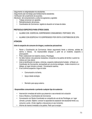 73
-Seguimento no estigmatizados los estudiantes.
-Seguimiento plan de trabajo para fortalecimiento estudiantes
-Verificación del cumplimiento de acuerdos.
-Monitoreo del comportamiento y actitud de agresores y agredido
• Trabajo emocional con agredido.
• Retroalimentación del proceso.
• Coordinadora de Convivencia registra la situación en la base de datos
PROTOCOLO ESPECIFICO PARA OTROS CASOS.
• ALUMNO CON SOSPECHA, SORPRENDIDO CONSUMIENDO, PORTANDO SPA
• ALUMNO CON SOSPECHA Y/O SORPRENDIDO POR VENTA O DISTRIBICION DE SPA
ATENCION:
-Ante la sospecha de consumo de drogas y sustancias psicoactivas:
• Rector y Coordinación de Convivencia: lideran seguimiento frente a síntomas, señales de
alarma e indicios. Es imprescindible empezar a partir de un incidente, sospecha o
preocupación.
• Piden colaboración de maestros claves y Psicólogas.
• Se debe implicar a las personas necesarias, incluyendo a los padres de familia ( cuando los
indicios son mas claros)
• Ante la identificación de signos, síntomas, sospecha relativamente fundada: el Rector y/o
Coordinador de Convivencia, acompañado por una de las sicólogas, invitan al alumno a un
diálogo, en lugar cómodo y privado. Conversación asertiva.
• Si se confirma sospecha o sigue la duda:
• Comunicación a la famiia,
• Apoyo desde sicología.
• Remisión para apoyo externo.
- Sorprendidos consumiendo o portando cualquier tipo de sustancia:
• Intervención inmediata del adulto que presencie o sea enterado de la situación
• Aviso a Rectora y Coordinadora de Convivencia
• Conversación con Rector-Coordinador en compañía de una de las Psicólogas, en lugar
cómodo y privado. Objetivo: conocer la capacidad de aceptación del estudiante frente a su
consumo o porte. ( Evitar regaños o discusiones en ese momento).
• Informe de manera inmediata a los padres. Pedir que lo recojan.
 