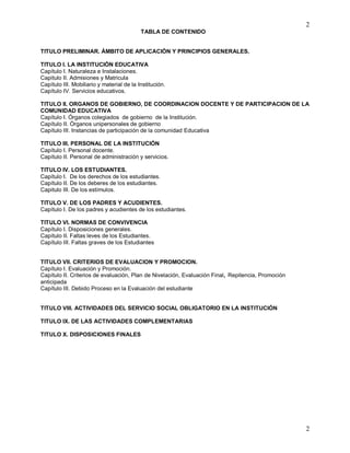 2
2
TABLA DE CONTENIDO
TITULO PRELIMINAR. ÁMBITO DE APLICACIÓN Y PRINCIPIOS GENERALES.
TITULO I. LA INSTITUCIÓN EDUCATIVA
Capítulo I. Naturaleza e Instalaciones.
Capitulo II. Admisiones y Matricula
Capítulo III. Mobiliario y material de la Institución.
Capítulo IV. Servicios educativos.
TITULO II. ORGANOS DE GOBIERNO, DE COORDINACION DOCENTE Y DE PARTICIPACION DE LA
COMUNIDAD EDUCATIVA
Capítulo I. Órganos colegiados de gobierno de la Institución.
Capítulo II. Órganos unipersonales de gobierno
Capítulo III. Instancias de participación de la comunidad Educativa
TITULO III. PERSONAL DE LA INSTITUCIÓN
Capítulo I. Personal docente.
Capítulo II. Personal de administración y servicios.
TITULO IV. LOS ESTUDIANTES.
Capítulo I. De los derechos de los estudiantes.
Capítulo II. De los deberes de los estudiantes.
Capitulo III. De los estímulos.
TITULO V. DE LOS PADRES Y ACUDIENTES.
Capítulo I. De los padres y acudientes de los estudiantes.
TITULO VI. NORMAS DE CONVIVENCIA
Capítulo I. Disposiciones generales.
Capítulo II. Faltas leves de los Estudiantes.
Capítulo III. Faltas graves de los Estudiantes
TITULO VII. CRITERIOS DE EVALUACION Y PROMOCION.
Capítulo I. Evaluación y Promoción.
Capítulo II. Criterios de evaluación, Plan de Nivelación, Evaluación Final, Repitencia, Promoción
anticipada
Capítulo III. Debido Proceso en la Evaluación del estudiante
TITULO VIII. ACTIVIDADES DEL SERVICIO SOCIAL OBLIGATORIO EN LA INSTITUCIÓN
TITULO IX. DE LAS ACTIVIDADES COMPLEMENTARIAS
TITULO X. DISPOSICIONES FINALES
 