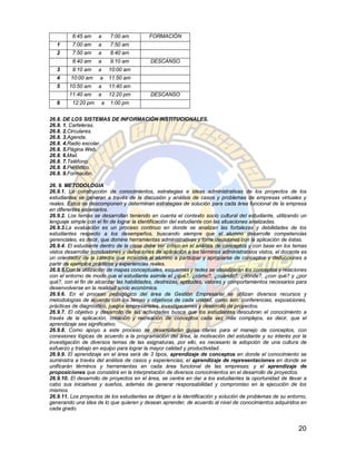 6:45 am    a   7:00 am          FORMACIÓN
   1       7:00 am    a   7:50 am
   2       7:50 am    a   8:40 am
           8:40 am    a   9:10 am           DESCANSO
   3       9:10 am    a   10:00 am
   4      10:00 am    a   11:50 am
   5      10:50 am    a   11:40 am
          11:40 am    a   12:20 pm          DESCANSO
   6       12:20 pm   a   1:00 pm


26.8.   DE LOS SISTEMAS DE INFORMACIÓN INSTITUCIONALES.
26.8.   1. Carteleras.
26.8.   2.Circulares.
26.8.   3.Agenda.
26.8.   4.Radio escolar.
26.8.   5.Página Web.
26.8.   6.Mail.
26.8.   7.Teléfono.
26.8.   8.Periódico.
26.8.   9.Formación.

26. 9. METODOLOGIA
26.9.1. La construcción de conocimientos, estrategias e ideas administrativas de los proyectos de los
estudiantes se generan a través de la discusión y análisis de casos y problemas de empresas virtuales y
reales. Estos se descomponen y determinan estrategias de solución para cada área funcional de la empresa
en diferentes escenarios.
26.9.2. Los temas se desarrollan teniendo en cuenta el contexto socio cultural del estudiante, utilizando un
lenguaje simple con el fin de lograr la identificación del estudiante con las situaciones analizadas.
26.9.3.La evaluación es un proceso continuo en donde se analizan las fortalezas y debilidades de los
estudiantes respecto a los desempeños, buscando siempre que el alumno desarrolle competencias
gerenciales, es decir, que domine herramientas administrativas y tome decisiones con la aplicación de éstas.
26.9.4. El estudiante dentro de la clase debe ser crítico en el análisis de conceptos y con base en los temas
vistos desarrollar conclusiones y definiciones de aplicación a los términos administrativos vistos, el docente es
un orientador de la cátedra que incentiva al alumno a participar y apropiarse de conceptos y deducciones a
partir de ejemplos prácticos y experiencias reales.
26.9.5.Con la utilización de mapas conceptuales, esquemas y redes se visualizarán los conceptos y relaciones
con el entorno de modo que el estudiante asimile el ¿qué?, ¿cómo?, ¿cuándo?, ¿dónde?, ¿con qué? y ¿por
qué?, con el fin de alcanzar las habilidades, destrezas, aptitudes, valores y comportamientos necesarios para
desenvolverse en la realidad socio económica.
26.9.6. En el proceso pedagógico del área de Gestión Empresarial se utilizan diversos recursos y
metodologías de acuerdo con los temas y objetivos de cada unidad, como son: conferencias, exposiciones,
prácticas de diagnóstico, juegos empresariales, investigaciones y desarrollo de proyectos.
26.9.7. El objetivo y desarrollo de las actividades busca que los estudiantes descubran el conocimiento a
través de la aplicación, creación y recreación de conceptos cada vez más complejos, es decir, que el
aprendizaje sea significativo.
26.9.8. Como apoyo a este proceso se desarrollarán guías claras para el manejo de conceptos, con
conexiones lógicas de acuerdo a la programación del área, la motivación del estudiante y su interés por la
investigación de diversos temas de las asignaturas, por ello, es necesario la adopción de una cultura de
esfuerzo y trabajo en equipo para lograr la mayor calidad y productividad.
26.9.9. El aprendizaje en el área será de 3 tipos, aprendizaje de conceptos en donde el conocimiento se
suministra a través del análisis de casos y experiencias; el aprendizaje de representaciones en donde se
unificarán términos y herramientas en cada área funcional de las empresas; y el aprendizaje de
proposiciones que consistirá en la interpretación de diversos conocimientos en el desarrollo de proyectos.
26.9.10. El desarrollo de proyectos en el área, se centra en dar a los estudiantes la oportunidad de llevar a
cabo sus iniciativas y sueños, además de generar responsabilidad y compromiso en la ejecución de los
mismos.
26.9.11. Los proyectos de los estudiantes se dirigen a la identificación y solución de problemas de su entorno,
generando una idea de lo que quieren y desean aprender, de acuerdo al nivel de conocimientos adquiridos en
cada grado.


                                                                                                             20
 