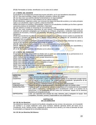 27.3.8. Permeables al cambio, identificados con la cultura de la calidad.

27. 4. PERFIL DEL DOCENTE
El estudiante es el protagonista principal del proceso educativo, por lo que necesitamos educadores:
27. 4. 1. Que sean puntuales y leales a la filosofía, principios y valores del colegio.
27. 4. 2. Que vivan una auténtica libertad fundamentada en la responsabilidad.
27. 4. 3. Comprometidos en su vida cotidiana con los valores cristianos.
27.4.4. Afectuosos, exigentes y justos, que conozcan las etapas del desarrollo evolutivo y con estos principios
traten a sus estudiantes, según su género y etapa de desarrollo.
27.4.5. Que frente a la injusticia y adversidades, motiven en sus estudiantes el análisis que los lleve a generar
soluciones prácticas de sensibilidad, solidaridad y fraternidad.
27. 4. 6. Abiertos al cambio en búsqueda de una sociedad más justa.
27.4.7. Que creen condiciones específicas de auto estudio y autoaprendizaje mediante la elaboración de
materiales de aplicación pedagógica que transforme los enfoques, programas y contenidos hacia acciones
prácticas de innovación y motivación del educando. Por esto los profesores elaboran guías complemento del
bibliobanco.
27.4.8. Que transformen los métodos de enseñanza magistral que supere de manera creativa la pasividad del
educando y convierta los espacios de la relación maestro-alumno en ambientes de convivencia para la
apropiación del conocimiento.
27.4.9. Que promuevan la identidad cultural de la nación para que el educando logre interiorizar los valores y
asuma el reto del nuevo ordenamiento que le exige su entorno.
27.4.10. Crítico hacia el interior y exterior de la comunidad educativa y a su propia gestión.
27.4.11. Afectuosos, exigentes y justos, que desarrollen y estimulen en sus estudiantes las capacidades y
talentos que ellos poseen.
27. 4. 12. Permeables al cambio, identificados con la cultura de la calidad.

27. 5. PERFIL DEL EGRESADO
El egresado del Colegio Empresarial Los Andes será un joven que como resultado de su permanencia en el
establecimiento educativo, tendrá las siguientes características:
27.5.1. Será un líder con capacidad para manejar situaciones de crisis.
27.5.2. Será honesto, leal y solidario.
27.5.3. Será competitivo, innovador, puntual y responsable en sus compromisos.
27.5.4. Será tolerante, justo, participativo y trabajador en equipo.
27.5.6. Será promotor del desarrollo comunitario.
27.5.7. Será capaz de crear y administrar su propia empresa.
27.5.8. Será capaz de competir con éxito en la consecución de cupos en la Universidad estatal y de
sostenerse en ella.


                                      PERFIL DE NUESTROS ESTUDIANTES
ASPECTOS                 PERFIL
ETICO                    Capaz de tomar decisiones libres, responsables y autónomas.
COGNITIVO                Capaz de comprender y aplicar creativamente los saberes en su interacción consigo mismo,
                         con los demás y con el entorno. Ser intelectualmente competente, apropiándose de las
                         nuevas corrientes de pensamiento, la ciencia y la tecnología.
AFECTIVO                 Capaz de amarse y expresar el amor en sus relaciones interpersonales.
COMUNICATIVO             Capaz de interactuar significativamente e interpretar mensajes con sentido crítico.
SOCIO-POLITICO           Capaz de asumir su compromiso solidario y comunitario en la construcción de una sociedad
                         más justa y participativa, contribuyendo a la sensibilización social, a la práctica de la
                         democracia y a la construcción de una cultura de convivencia, respeto de los derechos
                         humanos y la conquista de la paz.
EMPRESARIAL              Líder, con capacidad para manejar las crisis, tolerante, justo y trabajador en equipo. Será
                         competitivo, innovador, puntual y responsable en sus compromisos.

                                               CAPITULO VII
                                             DE LOS DERECHOS
Art. 28. De Los Derechos:
Se entiende por derechos al conjunto de facultades otorgadas por las normas a las personas, con el propósito
de contribuir a su propia realización como seres humanos. Deberán ejercerse dentro del marco de la
Constitución, la ley y demás normas, respetando los derechos de los demás y con miras al bienestar de toda
la comunidad y en especial de la comunidad educativa.

Art. 29. De Los Derechos Del Alumno:

                                                                                                             22
 