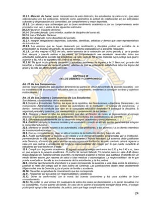 30.2.1. Mención de honor: serán merecedores de esta distinción, los estudiantes de cada curso, que sean
seleccionados por los profesores, teniendo como parámetros la actitud de colaboración en las actividades
culturales y de proyección a la comunidad, por compañerismo y mejor deportista.
30.2.2. Los alumnos que sobresalgan por su buen rendimiento académico o por su comportamiento serán
premiados con uno o varios de los siguientes estímulos:
30.2.3 Figurar en el cuadro de honor.
30.2.4. Ser seleccionado como monitor, auxiliar de disciplina del curso etc.
30.2.5. Izar el Pabellón Nacional.
30.2.6. Ser designado como deportista del período.
30.2.7. Integrar delegaciones deportivas, culturales, científicas, artísticas y demás que sean representativas
de la Institución.
30.2.8. Los alumnos que se hayan destacado por rendimiento y disciplina podrán ser eximidos de la
presentación de pruebas de periodo, de acuerdo a criterios esbozados en la presente resolución
30.2.9. Los dos mejores ICFES del año, serán eximidos de la valoración del último periodo y de la prueba
final, siempre y cuando asistan a las clases, su comportamiento sea excelente, desarrollen todas sus
actividades curriculares excepto las antedichas. La nota será de NS en las materias cuyo puntaje sea igual o
superior a 68; NA si es superior a 60 y NB si es inferior.
30.2.10. De igual modo quienes presenten y aprueben exámenes de ingreso a la U. Nacional, gozarán del
beneficio y condiciones del numeral anterior, además de que se entenderán satisfechos todos los logros del
grado y la nota del último periodo será NS.


                                             CAPÍTULO IX
                                    DE LOS DEBERES Y COMPROMISOS

Art. 31. De Los Compromisos:
Son las responsabilidades que asumen libremente las partes en virtud del contrato de servicio educativo, con
los estamentos de la comunidad educativa para su cumplimento, tendientes a conseguir los fines y objetivos
institucionales.

Art. 32. De Los Deberes y Compromisos De Los Estudiantes:
Son deberes y compromisos de los estudiantes:
32.1.Cumplir la Constitución Política, las leyes de la república, las Resoluciones y directrices Gerenciales , las
Instrucciones Administrativas que emitan las autoridades de la Institución , el Manual de convivencia, y
demás normas de conducta que rijan en la comunidad educativa tendientes a conseguir la disciplina, la
seguridad personal y colectiva, y el mantenimiento y conservación de los bienes.
32.2. Respetar y llevar a cabo las indicaciones que den: el Director de curso, el representante al consejo
directivo, el personero estudiantil, los profesores, los monitores, los coordinadores y el Gerente.
32.3. Esforzarse constantemente por su desarrollo integral: académico y comportamental.
32.4. Practicar siempre los buenos modales y el vocabulario correcto en el trato con las personas que integran
la comunidad educativa.
32.5. Mantener el debido respeto a las autoridades, a los profesores, a los alumnos y a los demás miembros
de la comunidad educativa.
32.6. Con su comportamiento, dejar en alto el nombre de la Institución dentro y fuera de ella.
32.7. Asistir puntualmente al colegio, a las clases y a la demás actividades programadas por la Institución,
permaneciendo en ella durante la jornada en los horarios y fechas indicadas. La ausencia debe justificarse
ante Gerencia, el mismo día que el alumno se reincorpora a la institución, en caso contrario deberá regresar a
casa por sus padres o acudientes sin ninguna responsabilidad del colegio por lo que pueda sucederle al
estudiante por este hecho en la calle.
32.8. Cumplir con la jornada académica. El ingreso normal al colegio será entre las 6:30 y las 6:45 a.m., hora
en que empieza la jornada académica. El portón se cerrará faltando 15 minutos para las siete A.M. Quien
llegue después de haberse cerrado el portón, no ingresará al plantel a menos que justifique el retardo con un
medio idóneo escrito, por razones de salud o citas médicas u odontológicas. La responsabilidad de lo que
pueda sucederle en la calle es exclusivamente de los estudiantes y de los padres.
32.9. Informar oportunamente al profesor o a quien corresponda, la ausencia a una clase antes de iniciarse y
justificar el retiro del colegio con el visto bueno de Gerencia. Las justificaciones deben estar debidamente
diligenciadas ante la Gerencia y por el padre de familia o acudiente.
32.10. Presentar las pruebas de conocimiento que les corresponda.
32.11. Responder por sus actos con responsabilidad y obediencia.
32.12. Obrar de conformidad con la moral, las buenas costumbres y los usos sociales de buen
comportamiento.
32.13. No portar, ni usar armas. En cualquiera de estos dos casos se decomisarán y no serán devueltas ni a
los estudiantes, ni a los padres de familia. En caso de no querer el estudiante entregar dicha arma, el colegio
podrá pedir apoyo a las autoridades de policía, para que haga cumplir esta norma.

                                                                                                              24
 