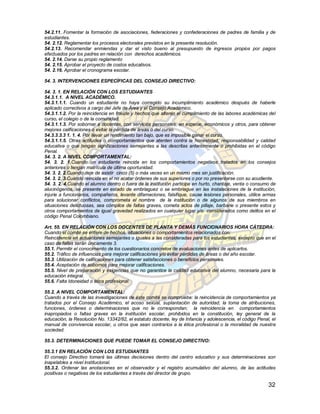 54.2.11. Fomentar la formación de asociaciones, federaciones y confederaciones de padres de familia y de
estudiantes.
54. 2.12. Reglamentar los procesos electorales previstos en la presente resolución.
54.2.13. Recomendar enmiendas y dar el visto bueno al presupuesto de ingresos propios por pagos
efectuados por los padres en relación con derechos académicos.
54. 2.14. Darse su propio reglamento
54. 2.15. Aprobar el proyecto de costos educativos.
54. 2.16. Aprobar el cronograma escolar.

54. 3. INTERVENCIONES ESPECÍFICAS DEL CONSEJO DIRECTIVO:

54. 3. 1. EN RELACIÓN CON LOS ESTUDIANTES
54.3.1.1. A NIVEL ACADÉMICO.
54.3.1.1.1. Cuando un estudiante no haya corregido su incumplimiento académico después de haberle
aplicado correctivos a cargo del Jefe de Área y el Consejo Académico.
54.3.1.1.2. Por la reincidencia en fraude y hechos que alteren el cumplimiento de las labores académicas del
curso, el colegio o de la comunidad.
54.3.1.1.3. Por sobornar a docentes, con servicios personales, en especie, económicos y otros, para obtener
mejores calificaciones o evitar la pérdida de áreas o del curso.
54.3.3.3.3 1. 1. 4. Por llevar un rendimiento tan bajo, que es imposible ganar el curso.
54.3.1.1.5. Otras actitudes o comportamientos que atenten contra la honestidad, responsabilidad y calidad
educativa o que tengan significaciones semejantes a las descritas anteriormente o prohibidas en el código
Penal.
54. 3. 2. A NIVEL COMPORTAMENTAL:
54. 3. 2. 1.Cuando un estudiante reincida en los comportamientos negativos tratados en los consejos
anteriores o tengan matrícula de última oportunidad.
54. 3. 2. 2.Cuando deje de asistir cinco (5) o más veces en un mismo mes sin justificación.
54. 3. 2. 3.Cuando reincida en el no acatar órdenes de sus superiores o por no presentarse con su acudiente.
54. 3. 2. 4.Cuando el alumno dentro o fuera de la institución participe en hurto, chantaje, venta o consumo de
alucinógenos, se presente en estado de embriaguez o se embriague en las instalaciones de la institución,
injurie a funcionarios, compañeros, levante difamaciones, falsifique, cause lesiones personales, utilice armas
para solucionar conflictos, comprometa el nombre de la institución o de algunos de sus miembros en
situaciones delictuosas, sea cómplice de faltas graves, cometa actos de pillaje, barbarie o presente estos y
otros comportamientos de igual gravedad realizados en cualquier lugar y/o considerados como delitos en el
código Penal Colombiano.

Art. 55. EN RELACIÓN CON LOS DOCENTES DE PLANTA Y DEMÁS FUNCIONARIOS HORA CÁTEDRA:
Cuando el comité se entere de hechos, situaciones o comportamientos relacionados con:
Reincidencia en actuaciones semejantes o iguales a las consideradas para los estudiantes, excepto que en el
caso de fallas serán únicamente 3.
55.1. Permitir el conocimiento de los cuestionarios concretos de evaluaciones antes de aplicarlos.
55.2. Tráfico de influencias para mejorar calificaciones y/o evitar pérdidas de áreas o del año escolar.
55.3. Utilización de calificaciones para obtener satisfacciones o beneficios personales.
55.4. Aceptación de sobornos para mejorar calificaciones.
55.5. Nivel de preparación y exigencias que no garantice la calidad educativa del alumno, necesaria para la
educación integral.
55.6. Falta Idoneidad o ética profesional.

55.2. A NIVEL COMPORTAMENTAL:
Cuando a través de las investigaciones de éste comité se compruebe: la reincidencia de comportamientos ya
tratados por el Consejo Académico, el acoso sexual, suplantación de autoridad, la toma de atribuciones,
funciones, órdenes o determinaciones que no le correspondan; la reincidencia en comportamientos
inapropiados o faltas graves en la institución escolar, prohibidos en la constitución, ley general de la
educación, la Resolución No. 13342/82, el estatuto docente, ley de Infancia y adolescencia, el código Penal, el
manual de convivencia escolar, u otros que sean contrarios a la ética profesional o la moralidad de nuestra
sociedad.

55.3. DETERMINACIONES QUE PUEDE TOMAR EL CONSEJO DIRECTIVO:

55.3.1 EN RELACIÓN CON LOS ESTUDIANTES
El consejo Directivo tomará las últimas decisiones dentro del centro educativo y sus determinaciones son
inapelables a nivel institucional.
55.3.2. Ordenar las anotaciones en el observador y el registro acumulativo del alumno, de las actitudes
positivas o negativas de los estudiantes a través del director de grupo.

                                                                                                           32
 