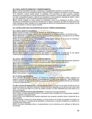 56.2. EN EL ASPECTO FORMATIVO Y COMPORTAMENTAL:
56.2.1. Cuando el estudiante reincida en actuaciones o irregularidades descritas en el comité de Aula.
56.2.2. Cuando riña con los compañeros dentro o fuera del colegio, irrespete a un profesor o a otro funcionario
de la institución, cuando cometa fraude, se identifique con documentos de otras personas, propicien
situaciones que interrumpan el normal funcionamiento de la institución, encubran faltas graves; cuando dañe
por rabia o premeditación objetos o útiles de sus compañeros o de su institución, disponga de objetos o dinero
que no le pertenezca u otros de similar gravedad descritas anteriormente.
56.2.3. Cuando participe en actos masivos de indisciplina, como el de inasistencia del 60% o más y
desordenes; incumplimiento de órdenes emanadas de un órgano competente; por falta de colaboración para
evitar la pérdida de útiles, identificar a los responsables de hechos de comportamientos que choquen con las
buenas costumbres o moral de nuestra sociedad.

56.3. EN RELACIÓN CON LOS DOCENTES DE PLANTA Y DEMÁS FUNCIONARIOS:

56.3.1 EN EL ASPECTO ACADÉMICO:
56.3.2. Cuando el consejo a través de sus miembros se entere de situaciones como:
56.3.4. Actuaciones semejantes o iguales a las consideradas en el consejo académico o el Comité de Aula.
56.3.5. Elaboración y cumplimiento no oportuno del planeamiento curricular, en concordancia con la realidad
social y laboral del estudiante o legislaciones vigentes.
56.3.6. No aplicación de técnicas metodológicas y normas legales vigentes, en el proceso de enseñanza-
aprendizaje y de la evaluación integral.
56.3.7. Anomalías en el cumplimiento de objetos y programas enunciados.
56.36. Desarrollo de temas a través de enfoque o ideologías personales.
56.3.8. Insultos por incumplimiento de labores académicas.
56.3.9. Parcialidad o injusticia en la forma de evaluar y calificar.
56.3.10. Desarrollo parcial de las actividades académicas que corresponden efectuar en el salón.
56.3.11. Utilización parcial del tiempo para desarrollar labores académicas.
56.3.12. Improvisación en las actividades académicas y complementarias.
56.3.13. Otras actitudes o comportamientos que afecten el cumplimiento, el desarrollo de las labores
académicas y la calidad del proceso enseñanza-aprendizaje o construcción de conocimientos.


56.4. EN EL ASPECTO FORMATIVO O COMPORTAMENTAL:
Cuando con sus investigaciones el Consejo se entere de que algún funcionario este presentando situaciones
que no estén de acuerdo con la moralidad y las leyes que rigen nuestra sociedad tales como:
56.4.1. Abuso de autoridad.
56.4.2. Utilización de la autoridad o de la calificación para obtener beneficios personales.
56.4.3. Manipulación de estudiantes para buscar apoyo en posiciones personales.
56.4.4. Difamación sobre algún miembro de la comunidad educativa.
56.4.5. Interrelaciones escolares que pongan en entre dicho la imagen personal o de la institución.
56.4.6. Incumplimiento en los tumos de disciplina o vigilancia.
56.4.7. Otras actitudes o comportamientos similares.

Art. 57. Del Consejo Estudiantil.
De la asamblea del consejo estudiantil. El Consejo de estudiantes es el máximo órgano colegiado que
asegura y garantiza el continuo ejercicio de la participación por parte de los educandos. Está integrado por
vocero o consejero de cada uno de los grados y grupos del establecimiento o establecimientos que compartan
un mismo Consejo Directivo.

57.1.De La Forma De Organización: el Consejo directivo deberá convocar en una fecha durante las dos (2)
primeras semanas del calendario académico, sendas asambleas integradas por los alumnos que cursen cada
grado, con el fin de que elijan en un seno de votación secreta, un vocero estudiantil para el año lectivo en el
curso o el semestre.
57.2. De Las Funciones Del Consejo Estudiantil: corresponde al Consejo Estudiantil;
57.2.1. Darse su propia organización interna, sus reuniones serán precedidas por el representante estudiantil,
como presidente y el personero fiscal.
57.2.3. Invitar a sus deliberaciones aquellos estudiantes que presenten iniciativas sobre el desarrollo de su
vida estudiantil.
57.2.4. Presentar a través de la mesa directiva, en forma escrita en el 4º lunes de iniciación de clases a su
formación los planes y cronogramas de actividades a rectoría para un estudio conciliatorio y su ubicación en
el planteamiento institucional.
57.2.5. Las demás actividades afines o complementarias con las anteriores que le atribuyen el Manual de
Convivencia.


                                                                                                           34
 