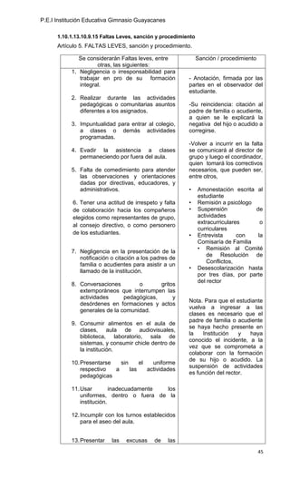 P.E.I Institución Educativa Gimnasio Guayacanes

      1.10.1.13.10.9.15 Faltas Leves, sanción y procedimiento
      Artículo 5. FALTAS LEVES, sanción y procedimiento.

              Se considerarán Faltas leves, entre               Sanción / procedimiento
                     otras, las siguientes:
           1. Negligencia o irresponsabilidad para
              trabajar en pro de su formación             - Anotación, firmada por las
              integral.                                   partes en el observador del
                                                          estudiante.
           2. Realizar durante las actividades
              pedagógicas o comunitarias asuntos          -Su reincidencia: citación al
              diferentes a los asignados.                 padre de familia o acudiente,
                                                          a quien se le explicará la
           3. Impuntualidad para entrar al colegio,       negativa del hijo o acudido a
              a clases o demás actividades                corregirse.
              programadas.
                                                          -Volver a incurrir en la falta
           4. Evadir la asistencia a clases               se comunicará al director de
              permaneciendo por fuera del aula.           grupo y luego el coordinador,
                                                          quien tomará los correctivos
           5. Falta de comedimiento para atender          necesarios, que pueden ser,
              las observaciones y orientaciones           entre otros,
              dadas por directivas, educadores, y
              administrativos.                            •     Amonestación escrita al
                                                                estudiante
            6. Tener una actitud de irrespeto y falta     •     Remisión a psicólogo
            de colaboración hacia los compañeros          •     Suspensión           de
            elegidos como representantes de grupo,              actividades
                                                                extracurriculares      o
            al consejo directivo, o como personero
                                                                curriculares
            de los estudiantes.                           •     Entrevista      con   la
                                                                Comisaría de Familia
                                                                • Remisión al Comité
           7. Negligencia en la presentación de la
                                                                    de Resolución de
              notificación o citación a los padres de
                                                                    Conflictos,
              familia o acudientes para asistir a un
                                                          •     Desescolarización hasta
              llamado de la institución.
                                                                por tres días, por parte
                                                                del rector
           8. Conversaciones        o       gritos
              extemporáneos que interrumpen las
              actividades      pedagógicas,      y
                                                          Nota. Para que el estudiante
              desórdenes en formaciones y actos
                                                          vuelva a ingresar a las
              generales de la comunidad.
                                                          clases es necesario que el
                                                          padre de familia o acudiente
           9. Consumir alimentos en el aula de
                                                          se haya hecho presente en
              clases, aula de audiovisuales,
                                                          la    Institución   y  haya
              biblioteca, laboratorio, sala de
                                                          conocido el incidente, a la
              sistemas, y consumir chicle dentro de
                                                          vez que se comprometa a
              la institución.
                                                          colaborar con la formación
                                                          de su hijo o acudido. La
           10. Presentarse   sin     el   uniforme
                                                          suspensión de actividades
               respectivo  a     las    actividades
                                                          es función del rector.
               pedagógicas

           11. Usar         inadecuadamente los
               uniformes, dentro o fuera de la
               institución.

           12. Incumplir con los turnos establecidos
               para el aseo del aula.


           13. Presentar   las   excusas    de    las
                                                                                          45
 