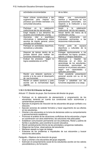 P.E.I Institución Educativa Gimnasio Guayacanes


            actividades encomendadas                   de su labor.

            Hacer críticas constructivas y dar         Utilizar    una      comunicación
            sugerencias para mejorar los               asertiva y respetuosa en sus
            procesos que brinden bienestar a la        apreciaciones personales, con
            comunidad educativa.                       respecto a la institución y sus
                                                       compañeros.
            Participar     en     la    celebración    Asistir    a     la    celebración
            institucional del día del educador.        institucional del día del maestro.
            Exigir respeto a sus derechos de           Actuar dentro del marco de la
            acuerdo a la Constitución y la ley.        constitución y la ley.
            Asociarse, citar a asambleas               Participar    activamente      con
            informativas o deliberativas sobre         propuestas pertinentes a las
            asuntos de interés general, previa         situaciones institucionales.
            consulta con el Rector.
            Participar en actividades deportivas,      Formar       parte    de    equipos
            recreativas y culturales.                  deportivos y culturales de la
                                                       institución.
            Disponer de tiempo dentro de su            Entregar oportunamente a los
            jornada laboral para realizar las          estudiantes, los logros, pruebas,
            funciones inherentes a su cargo.           talleres y trabajos realizados.
            Evaluar los procesos       según lo        Reconocer       y    respetar    las
            logros establecidos en el PEI.             diferencias en el ritmo de
                                                       aprendizaje de los estudiantes,
                                                       brindándoles oportunidad de
                                                       avanzar en el proceso educativo,
                                                       según sus capacidades y
                                                       aptitudes personales.
            Recibir una dotación oportuna y            Tener excelente presentación
            acorde a la ley para el desempeño          personal acorde con su rol de
            de sus funciones.                          maestro.
            Recibir un salario oportuno y justo        Cumplir a cabalidad con las
            acorde con la normatividad legal           funciones asignadas a su cargo.
            vigente.

      1.10.1.13.10.9.18.5 Director de Grupo
      Artículo 17. Director de grupo. Son funciones del director de grupo.

       •   Participar en la elaboración de planeamiento y programación de los
           educandos; teniendo en cuenta sus condiciones socio- económicas y
           características personales.
       •   Ejecutar el programa de inducción de los educandos del grupo confiado a su
           dirección.
       •   Ejecutar acciones de carácter formativo y hacer seguimiento de sus efectos
           en los estudiantes.
       •   Orientar a los educandos en la toma de decisiones sobre su comportamiento
           y aprovechamiento académico.
       •   Promover el análisis de las situaciones conflictivas de los educandos y lograr
           en coordinación con otros estamentos, las soluciones más adecuadas.
       •   Establecer comunicación permanente con los profesores, Rector y padres de
           familia o acudientes, para coordinar la acción educativa.
       •   Rendir periódicamente informe de las actividades y programas realizados.
       •   Diligenciar las fichas observadoras del estudiante.
       •   Mantener aseado su lugar de trabajo
       •   Enterarse de los problemas e inquietudes de sus educandos y buscar
           soluciones adecuadas.
      Parágrafo.- Objetivos de la dirección de grupo
      • Guiar y orientar a los educandos del grupo asignado.
      • Estimular el comportamiento social de los estudiantes acorde con los valores
         psicodidácticos y de formación.
                                                                                        55
 