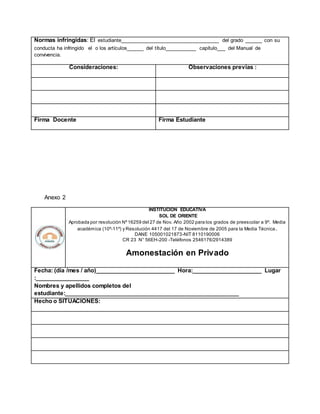 Normas infringidas: El estudiante__________________________________ del grado ______ con su
conducta ha infringido el o los artículos______ del título___________ capítulo___ del Manual de
convivencia.
Consideraciones: Observaciones previas :
Firma Docente Firma Estudiante
Anexo 2
INSTITUCION EDUCATIVA
SOL DE ORIENTE
Aprobada por resolución Nº16259 del 27 de Nov. Año 2002 para los grados de preescolar a 9º. Media
académica (10º-11º) y Resolución 4417 del 17 de Noviembre de 2005 para la Media Técnica.
DANE 105001021873-NIT 8110190006
CR 23 N° 56EH-200 -Teléfonos 2546176/2914389
Amonestación en Privado
Fecha: (día /mes / año)_________________________ Hora:______________________ Lugar
:_________________
Nombres y apellidos completos del
estudiante:_______________________________________________________
Hecho o SITUACIONES:
 