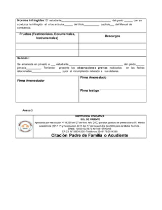 Normas infringidas: El estudiante__________________________________ del grado ______ con su
conducta ha infringido el o los artículos______ del título___________ capítulo___ del Manual de
convivencia.
Pruebas (Testimoniales, Documentales,
Instrumentales)
Descargos
Sanción :
Se amonesta en privado a ___ estudiante_____________________________________ del grado______
jornada__________. Teniendo presente las observaciones previas realizadas en las fechas
relacionadas____________________ y por el incumpliendo reiterado a sus deberes.
Firma Amonestador
Firma Amonestado
Firma testigo
Anexo 3
INSTITUCION EDUCATIVA
SOL DE ORIENTE
Aprobada por resolución Nº16259 del 27 de Nov. Año 2002 para los grados de preescolar a 9º. Media
académica (10º-11º) y Resolución 4417 del 17 de Noviembre de 2005 para la Media Técnica.
DANE 105001021873-NIT 8110190006
CR 23 N° 56EH-200 -Teléfonos 2546176/2914389
Citación Padre de Familia o Acudiente
 