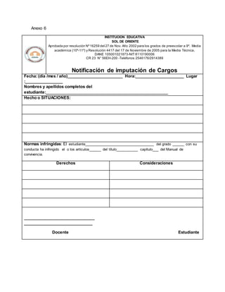 Anexo 6
INSTITUCION EDUCATIVA
SOL DE ORIENTE
Aprobada por resolución Nº16259 del 27 de Nov. Año 2002 para los grados de preescolar a 9º. Media
académica (10º-11º) y Resolución 4417 del 17 de Noviembre de 2005 para la Media Técnica.
DANE 105001021873-NIT 8110190006
CR 23 N° 56EH-200 -Teléfonos 2546176/2914389
Notificación de imputación de Cargos
Fecha: (día /mes / año)_________________________ Hora:______________________ Lugar
:_________________
Nombres y apellidos completos del
estudiante:_______________________________________________________
Hecho o SITUACIONES:
Normas infringidas: El estudiante__________________________________ del grado ______ con su
conducta ha infringido el o los artículos______ del título___________ capítulo___ del Manual de
convivencia.
Derechos Consideraciones
________________________________
_______________________________
Docente Estudiante
 
