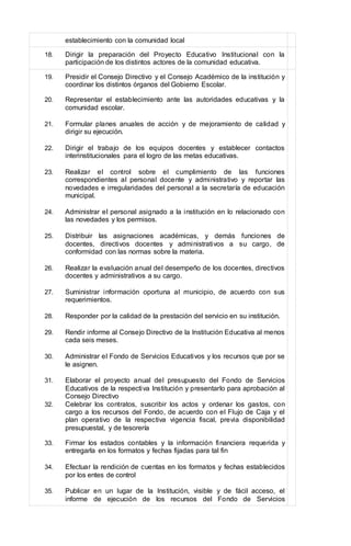 establecimiento con la comunidad local
18. Dirigir la preparación del Proyecto Educativo Institucional con la
participación de los distintos actores de la comunidad educativa.
19. Presidir el Consejo Directivo y el Consejo Académico de la institución y
coordinar los distintos órganos del Gobierno Escolar.
20. Representar el establecimiento ante las autoridades educativas y la
comunidad escolar.
21. Formular planes anuales de acción y de mejoramiento de calidad y
dirigir su ejecución.
22. Dirigir el trabajo de los equipos docentes y establecer contactos
interinstitucionales para el logro de las metas educativas.
23. Realizar el control sobre el cumplimiento de las funciones
correspondientes al personal docente y administrativo y reportar las
novedades e irregularidades del personal a la secretaría de educación
municipal.
24. Administrar el personal asignado a la institución en lo relacionado con
las novedades y los permisos.
25. Distribuir las asignaciones académicas, y demás funciones de
docentes, directivos docentes y administrativos a su cargo, de
conformidad con las normas sobre la materia.
26. Realizar la evaluación anual del desempeño de los docentes, directivos
docentes y administrativos a su cargo.
27. Suministrar información oportuna al municipio, de acuerdo con sus
requerimientos.
28. Responder por la calidad de la prestación del servicio en su institución.
29. Rendir informe al Consejo Directivo de la Institución Educativa al menos
cada seis meses.
30. Administrar el Fondo de Servicios Educativos y los recursos que por se
le asignen.
31. Elaborar el proyecto anual del presupuesto del Fondo de Servicios
Educativos de la respectiva Institución y presentarlo para aprobación al
Consejo Directivo
32. Celebrar los contratos, suscribir los actos y ordenar los gastos, con
cargo a los recursos del Fondo, de acuerdo con el Flujo de Caja y el
plan operativo de la respectiva vigencia fiscal, previa disponibilidad
presupuestal, y de tesorería
33. Firmar los estados contables y la información financiera requerida y
entregarla en los formatos y fechas fijadas para tal fin
34. Efectuar la rendición de cuentas en los formatos y fechas establecidos
por los entes de control
35. Publicar en un lugar de la Institución, visible y de fácil acceso, el
informe de ejecución de los recursos del Fondo de Servicios
 