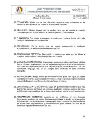 Gestion Directiva
Manual de convivencia
C: DC0505-M01
V:1 21/04/2016
25
18.ESTAMENTO: Cada una de las diferentes organizaciones existentes en la
institución educativa con las cuales el alumno tiene relación.
19.RECURSOS: Medios legales de los cuales hace uso el estudiante cuando
considera que una norma o ley no le ha sido aplicada correctamente.
20.FLAGRANCIA: Sorprender a una persona en el mismo instante de dar inicio a la
comisión de la falta o en su desarrollo…
21.PREVENCION: Es la acción que se realiza previamente a cualquier
acontecimiento para evitar consecuencias mayores.
22.SENSIBILIDAD EMPATICA: Disposición o presuponer valor en las ideas y
prácticas individuales o culturales ajenas a las propias.
23.MODALIDAD HETERÓNOMA: Creencia en que incurren algunos niños en edades
de 4 a 10 años, en el sentido que las reglas que regulan sus actos las entienden
sólo como imposiciones externas que hay que aceptar, acatar(Estar in u Out, con
vestimenta, lenguaje, etc.) si las cumple será premiado en caso contrario
castigado.
24.INDIVIDUALISMO: Etapa en que se encuentra el niño quien sólo sigue las reglas
cuando le conviene a sus intereses inmediatos, actúa según sus propios intereses
y necesidades pero permite que los demás hagan lo mismo.
25.CONFORMIDAD INTERPERSONAL: Etapa en que los niños consideran que hay
que vivir de acuerdo con lo que las personas que le son cercanas esperan de ellos.
Volviéndose muy importante ser un buen niño, un buen hermano o un buen amigo.
26.PENSAMIENTO SISTEMICO: Análisis de los problemas en sus diversas
dimensiones y relaciones, desde diversas perspectivas, entender los argumentos
de los demás y hacer síntesis de diversas posiciones con el fin de diseñar planes
de acción bien argumentados y fundamentados para orientar su vida en la
institución y posteriormente fuera de ella.
 