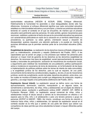 Gestion Directiva
Manual de convivencia
C: DC0505-M01
V:1 21/04/2016
35
oportunidades educativas (HEGOA & ACSUR, 2008). Enfoque diferencial.
Históricamente la humanidad ha aprendido a crear desigualdades donde sólo hay
diferencias. Incorporar el enfoque diferencial significa que cada comunidad educativa
establece su intencionalidad educativa y sus principios, y orienta sus prácticas educativas
teniendo en cuenta el contexto en el que se encuentra; de manera que el proceso
educativo será pertinente para las personas. En este sentido, genera mecanismos para
reconocer, visibilizar y potenciar el hecho de que en la comunidad educativa hay personas
con características particulares en razón de su ubicación en un territorio determinado, su
procedencia, su quehacer, su edad, género, orientación sexual y situación de
discapacidad, quienes requieren una atención particular y la puesta en marcha de
acciones afirmativas que le permitan sentirse parte de la comunidad educativa (ONU,
2013).
Exigibilidad de derechos. La realización de los derechos impone al Estado obligaciones
para su materialización, protección y respeto (Defensoría del Pueblo, 2001). A las
capacidades que se ponen en juego y a los procesos que realizan las personas para
alcanzar un mayor nivel de garantía de los derechos se les denomina exigibilidad de
derechos. Se reconocen tres tipos de exigibilidad: social (aprovechamiento de espacios
locales y nacionales de participación, activación de mecanismos de movilización social,
y seguimiento para visibilizar las necesidades de una población); política (participación
activa e incidencia en escenarios de toma de decisiones, en la formulación de las leyes
e implementación de políticas públicas sobre los temas de interés de cada comunidad),
y la exigibilidad jurídica de los derechos, para la cual se requiere, de una parte,
conocimiento de los derechos constitucionales y legales y, de otra, el uso de mecanismos
jurídicos: acción de cumplimiento, acción de tutela, derechos de petición, entre otros, con
los cuales se moviliza al Estado para cumplir sus obligaciones de protección, respeto y
garantía, y se exige respeto a los particulares (Defensoría del Pueblo, 2001).
Explotación Sexual Infantil. La explotación sexual se define como una forma de
aprovechamiento, dominación, coerción, manipulación y, en algunos casos, de
sometimiento a servidumbre, de niñas, niños y adolescentes con el objeto de obtener o
proporcionar placer, excitación o gratificación erótica (ICBF, UNICEF, OIT, INPEC &
Fundación Renacer, 2006). La explotación sexual comercial de niñas, niños y
adolescentes incluye el abuso sexual a cambio de la remuneración en efectivo o en
especie para la niña, niño o el adolescente o para una tercera persona o grupo de
personas (ECPAT & UNICEF, 1966). Así mismo, constituye una forma de coerción y
violencia hacia niñas, niños y adolescentes. Un ejemplo de explotación sexual en el
contexto escolar es la niña que a cambio de una parte del dinero que cobran sus
compañeros de clase permite que otros estudiantes la besen o toquen diferentes partes
del cuerpo.
 