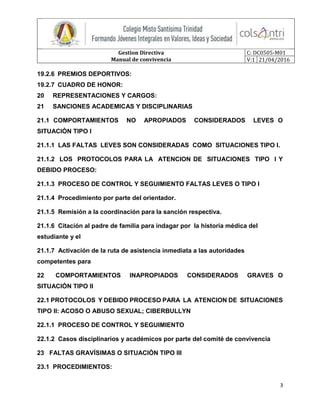 Gestion Directiva
Manual de convivencia
C: DC0505-M01
V:1 21/04/2016
3
19.2.6 PREMIOS DEPORTIVOS:
19.2.7 CUADRO DE HONOR:
20 REPRESENTACIONES Y CARGOS:
21 SANCIONES ACADEMICAS Y DISCIPLINARIAS
21.1 COMPORTAMIENTOS NO APROPIADOS CONSIDERADOS LEVES O
SITUACIÒN TIPO I
21.1.1 LAS FALTAS LEVES SON CONSIDERADAS COMO SITUACIONES TIPO I.
21.1.2 LOS PROTOCOLOS PARA LA ATENCION DE SITUACIONES TIPO I Y
DEBIDO PROCESO:
21.1.3 PROCESO DE CONTROL Y SEGUIMIENTO FALTAS LEVES O TIPO I
21.1.4 Procedimiento por parte del orientador.
21.1.5 Remisión a la coordinación para la sanción respectiva.
21.1.6 Citación al padre de familia para indagar por la historia médica del
estudiante y el
21.1.7 Activación de la ruta de asistencia inmediata a las autoridades
competentes para
22 COMPORTAMIENTOS INAPROPIADOS CONSIDERADOS GRAVES O
SITUACIÓN TIPO II
22.1 PROTOCOLOS Y DEBIDO PROCESO PARA LA ATENCION DE SITUACIONES
TIPO II: ACOSO O ABUSO SEXUAL; CIBERBULLYN
22.1.1 PROCESO DE CONTROL Y SEGUIMIENTO
22.1.2 Casos disciplinarios y académicos por parte del comité de convivencia
23 FALTAS GRAVÍSIMAS O SITUACIÓN TIPO III
23.1 PROCEDIMIENTOS:
 