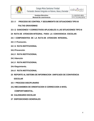 Gestion Directiva
Manual de convivencia
C: DC0505-M01
V:1 21/04/2016
4
23.1.1 PROCESO DE CONTROL Y SEGUIMIENTO DE SITUACIONES TIPO III
FALTAS GRAVISIMAS
23.1.2 SANCIONES Y CORRECTIVOS APLICABLES A LAS SITUACIONES TIPO III
24 RUTA DE ATENCION INTEGRAL PARA LA CONVIVENCIA ESCOLAR:
24.1 COMPONENTES DE LA RUTA DE ATENCION INTEGRAL.
24.1.1 Promoción.
24.1.2 RUTA INSTITUCIONAL
24.2 Prevención
24.2.1 RUTA INSTITUCIONAL
24.3 Atención
24.3.1 RUTA INSTITUCIONAL
24.4 Seguimiento.
24.4.1 RUTA INSTITUCIONAL
25 REPORTE AL SISTEMA DE INFORMACION UNIFICADO DE CONVIVENCIA
ESCOLAR
25.1 PROCESO DISCIPLINARIO
25.2 MECANISMOS DE ORIENTACION O CORRECCION A NIVEL
COMPORTAMENTAL.
26 CALENDARIO ESCOLAR
27 DISPOSICIONES GENERALES
 