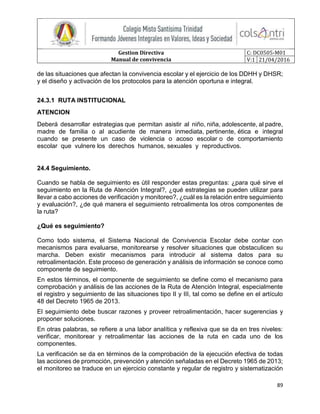 Gestion Directiva
Manual de convivencia
C: DC0505-M01
V:1 21/04/2016
89
de las situaciones que afectan la convivencia escolar y el ejercicio de los DDHH y DHSR;
y el diseño y activación de los protocolos para la atención oportuna e integral.
24.3.1 RUTA INSTITUCIONAL
ATENCION
Deberá desarrollar estrategias que permitan asistir al niño, niña, adolescente, al padre,
madre de familia o al acudiente de manera inmediata, pertinente, ética e integral
cuando se presente un caso de violencia o acoso escolar o de comportamiento
escolar que vulnere los derechos humanos, sexuales y reproductivos.
24.4 Seguimiento.
Cuando se habla de seguimiento es útil responder estas preguntas: ¿para qué sirve el
seguimiento en la Ruta de Atención Integral?, ¿qué estrategias se pueden utilizar para
llevar a cabo acciones de verificación y monitoreo?, ¿cuál es la relación entre seguimiento
y evaluación?, ¿de qué manera el seguimiento retroalimenta los otros componentes de
la ruta?
¿Qué es seguimiento?
Como todo sistema, el Sistema Nacional de Convivencia Escolar debe contar con
mecanismos para evaluarse, monitorearse y resolver situaciones que obstaculicen su
marcha. Deben existir mecanismos para introducir al sistema datos para su
retroalimentación. Este proceso de generación y análisis de información se conoce como
componente de seguimiento.
En estos términos, el componente de seguimiento se define como el mecanismo para
comprobación y análisis de las acciones de la Ruta de Atención Integral, especialmente
el registro y seguimiento de las situaciones tipo II y III, tal como se define en el artículo
48 del Decreto 1965 de 2013.
El seguimiento debe buscar razones y proveer retroalimentación, hacer sugerencias y
proponer soluciones.
En otras palabras, se refiere a una labor analítica y reflexiva que se da en tres niveles:
verificar, monitorear y retroalimentar las acciones de la ruta en cada uno de los
componentes.
La verificación se da en términos de la comprobación de la ejecución efectiva de todas
las acciones de promoción, prevención y atención señaladas en el Decreto 1965 de 2013;
el monitoreo se traduce en un ejercicio constante y regular de registro y sistematización
 