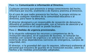 Paso 1a. Comunicación e información al Directivo.
Cualquier persona que presencie o tenga conocimiento del hecho,
informará por escrito, oralmente o de manera anónima al Directivo.
En el caso de que nadie presencie los hechos, la propia victima se
dirigirá a cualquier miembro de la comunidad educativa o al
directivo, para hacer la denuncia.
El director designará a un responsable de recepción de denuncias,
difundirá el nombre del responsable, con el horario de atención y el
número telefónico en el cual se puede localizar.
Paso 2. Medidas de urgencia provisionales.
Si la situación sobrepasa los recursos y competencias de la
institución educativa, en el supuesto de lesiones, se tomarán las
medidas con carácter de urgencia y se solicitará en su caso, ayuda
externa de otras dependencias (servicios de emergencia, cuerpos de
seguridad, etc).
El director, si la gravedad del caso lo requiere, informará oralmente al
personal que estuviera de guardia en la institución escolar, sobre los
hechos y las medidas provisionales adoptadas.
 