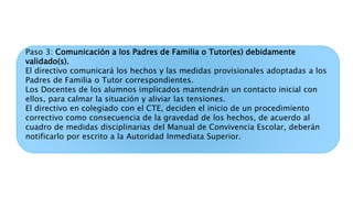 Paso 3: Comunicación a los Padres de Familia o Tutor(es) debidamente
validado(s).
El directivo comunicará los hechos y las medidas provisionales adoptadas a los
Padres de Familia o Tutor correspondientes.
Los Docentes de los alumnos implicados mantendrán un contacto inicial con
ellos, para calmar la situación y aliviar las tensiones.
El directivo en colegiado con el CTE, deciden el inicio de un procedimiento
correctivo como consecuencia de la gravedad de los hechos, de acuerdo al
cuadro de medidas disciplinarias del Manual de Convivencia Escolar, deberán
notificarlo por escrito a la Autoridad Inmediata Superior.
 