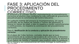 FASE 3: APLICACIÓN DEL
PROCEDIMIENTO
CORRECTIVO.El Directivo y el Consejo Técnico, instrumentarán un procedimiento
correctivo al alumno cuya conducta ha sido calificada de gravemente
perjudicial para la convivencia del Centro Educativo.
En cualquier trámite del proceso la incomparecencia, sin causa
justificada, de los Padres de Familia o Tutores del alumno(a), si
este(a) es menor de edad, o bien la negativa a recibir comunicaciones
o notificaciones, no impedirá la continuación del procedimiento
correctivo.
Paso 6: Notificación de la conducta y aplicación de procedimiento
corrector.
En el plazo de 3 días lectivos, contados desde que se tuvo
conocimiento de la conducta merecedora de corrección, el Directivo
de la Institución Educativa notificará la misma por escrito al alumno y
a sus Padres de Familia o Tutor(es), para explicar sobre la conducta
de su hijo(a) y sus consecuencias así como entregar la notificación
 