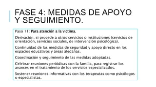 FASE 4: MEDIDAS DE APOYO
Y SEGUIMIENTO.
Paso 11: Para atención a la victima.
Derivación, si procede a otros servicios o instituciones (servicios de
orientación, servicios sociales, de intervención psicológica).
Continuidad de las medidas de seguridad y apoyo directo en los
espacios educativos y áreas aledañas.
Coordinación y seguimiento de las medidas adoptadas.
Celebrar reuniones periódicas con la familia, para registrar los
avances en el tratamiento de los servicios especializados.
Sostener reuniones informativas con los terapeutas como psicólogos
o especialistas.
 