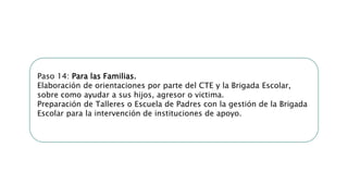Paso 14: Para las Familias.
Elaboración de orientaciones por parte del CTE y la Brigada Escolar,
sobre como ayudar a sus hijos, agresor o victima.
Preparación de Talleres o Escuela de Padres con la gestión de la Brigada
Escolar para la intervención de instituciones de apoyo.
 