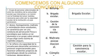COMENCEMOS CON ALGUNOS
CONCEPTOS.1. Grupo de personas seleccionadas de
entre los miembros de la comunidad
escolar que interactúan y se reúnen
con la finalidad de tomar medidas
necesarias para velar por la seguridad
escolar de la institución a la que
pertenecen.
2. Acoso, hostigamiento, maltrato
e intimidación entre estudiantes,
se caracteriza por ser una
conducta de persecución física o
psicológica que realiza un (a)
alumno(a) o un grupo sobre otro(a)
al que elige como victima de
repetidos ataques.
3. Se refiere a la capacidad de la
escuela para desarrollar acciones y
procesos organizacionales para
favorecer ambientes propicios de
aprendizajes desde las prácticas
inclusivas, democráticas y
Brigada Escolar.
Bullying.
Gestión para la
convivencia
escolar..
a. Bullying.
b. Brigada
escolar.
c. Gestión
de la
conviven
cia
escolar..
d. Maltrato
psicoe
mocion
al.
e. Cómplic
 