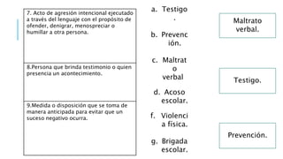 7. Acto de agresión intencional ejecutado
a través del lenguaje con el propósito de
ofender, denigrar, menospreciar o
humillar a otra persona.
8.Persona que brinda testimonio o quien
presencia un acontecimiento.
9.Medida o disposición que se toma de
manera anticipada para evitar que un
suceso negativo ocurra.
a. Testigo
.
b. Prevenc
ión.
c. Maltrat
o
verbal..
d. Acoso
escolar.
e. ..
f. Violenci
a física.
g. Brigada
escolar.
Maltrato
verbal.
Testigo.
Prevención.
 