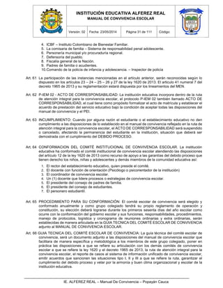 INSTITUCIÓN EDUCATIVA ALFEREZ REAL
MANUAL DE CONVIVENCIA ESCOLAR
Versión: 02 Fecha: 23/05/2014 Página 31 de 111 Código:
IE. ALFEREZ REAL – Manual De Convivencia – Popayán Cauca
4. ICBF – Instituto Colombiano de Bienestar Familiar.
5. La comisaria de familia – Sistema de responsabilidad penal adolescente.
6. Personería municipal y/o procuraduría regional.
7. Defensoría del pueblo.
8. Fiscalía general de la Nación.
9. Padres de familia o acudientes.
10.Comando de la policía de infancia y adolescencia. – Inspector de policía
Art. 61 La participación de las instancias mencionadas en el artículo anterior, serán reconocidas según lo
dispuesto en los artículos 23 – 24 – 25 – 26 y 27 de la ley 1620 de 2013. El articulo 41 numeral 7 del
decreto 1965 de 2013 y su reglamentación estará dispuesta por los lineamientos del MEN.
Art. 62 P-IEM 02 - ACTO DE CORRESPONSABILIDAD: La institución educativa incorpora dentro de la ruta
de atención integral para la convivencia escolar, el protocolo P-IEM 02 también llamado ACTO DE
CORRESPONSABILIDAD, el cual tiene como propósito formalizar el acto de matrícula y establecer el
acuerdo de prestación del servicio educativo bajo la condición de aceptar todas las disposiciones del
manual de convivencia y el PEI.
Art. 63 INCUMPLIMIENTO: Cuando por alguna razón el estudiante o el establecimiento educativo no den
cumplimiento a las disposiciones de lo establecido en el manual de convivencia reflejado en la ruta de
atención integral para la convivencia escolar, el ACTO DE CORRESPONSABILIDAD será suspendido
o cancelado, afectando la permanencia del estudiante en la institución, situación que deberá ser
demostrada con el cumplimiento del DEBIDO PROCESO.
Art. 64 CONFORMACION DEL COMITÉ INSTITUCIONAL DE CONVIVENCIA ESCOLAR. La institución
educativa ha conformado el comité institucional de convivencia escolar atendiendo las disposiciones
del artículo 12 de la ley 1620 de 2013 como recurso de apoyo a las garantías del debido proceso que
tienen derecho los niños, niñas y adolescentes y demás miembros de la comunidad educativa así:
1. El rector del establecimiento educativo, quien preside el comité.
2. El docente con función de orientación (Psicólogo o psicorientador de la institución)
3. El coordinador de convivencia escolar.
4. Un (1) docente que lidere procesos o estrategias de convivencia escolar.
5. El presidente del consejo de padres de familia.
6. El presidente del consejo de estudiantes.
7. El personero estudiantil.
Art. 65 PROCEDIMIENTO PARA SU CONFORMACIÓN: El comité escolar de convivencia será elegido y
conformado anualmente y como grupo colegiado tendrá su propio reglamento de operación y
constitución, su elección deberá lograrse durante los primeros sesenta días del año escolar como
ocurre con la conformación del gobierno escolar y sus funciones, responsabilidades, procedimientos,
manejo de protocolos, logística y cronograma de reuniones ordinarias y extra ordinarias, serán
establecidas de manera articulada en la GUIA TECNICA DEL COMITÉ ESCOLAR DE CONVIVENCIA
adjunto al MANUAL DE CONVIVENCIA ESCOLAR.
Art. 66 GUIA TECNICA DEL COMITÉ ESCOLAR DE CONVIVENCIA: La guía técnica del comité escolar de
convivencia, será un documento adjunto a las disposiciones del manual de convivencia escolar que
facilitara de manera específica y metodológica a los miembros de este grupo colegiado, poner en
práctica las disposiciones a que se refiere su articulación con los demás comités de convivencia
escolar a que se refiere la ley 1620 y el decreto 1965 de 2013, la ruta de atención integral para la
convivencia escolar, el reporte de casos al sistema de información unificado de convivencia escolar,
emitir acuerdos que sancionen las situaciones tipo I, II y III a que se refiere la ruta, garantizar el
cumplimiento del debido proceso y velar por la armonía y buen clima organizacional y escolar de la
institución educativa.
 